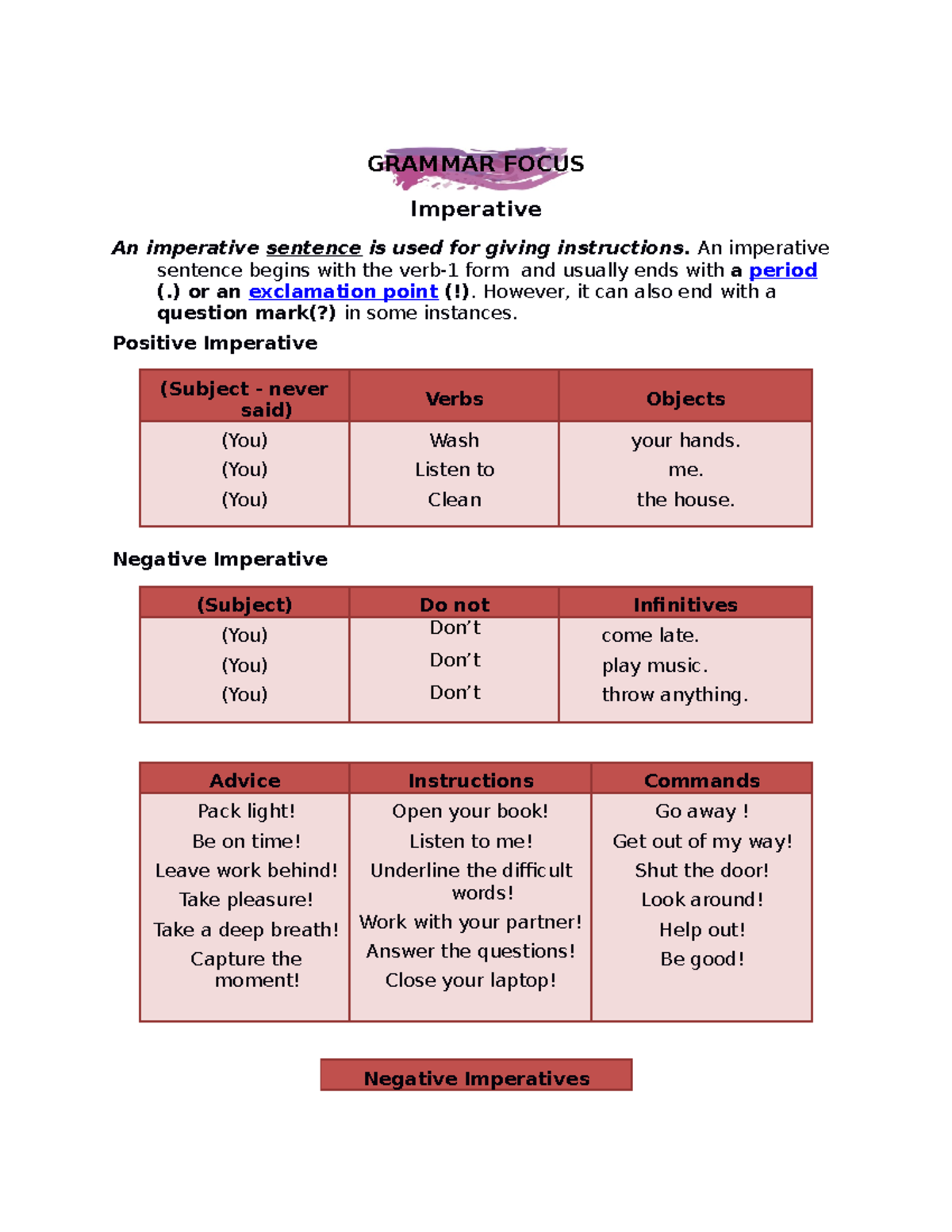 Acticity 2 Grammar Focus Unit 2 Grammar Focus Imperative An