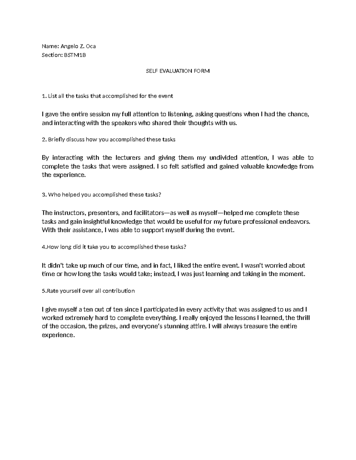 Oca Angelo( Self Evaluation Form ) - Name: Angelo Z. Oca Section ...