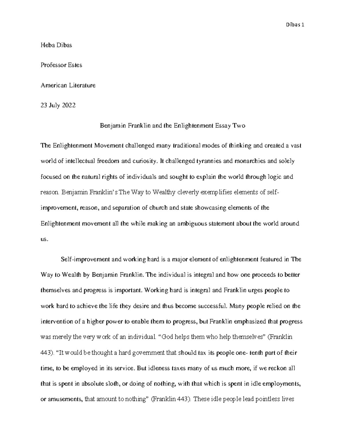 benjamin franklin enlightenment essay