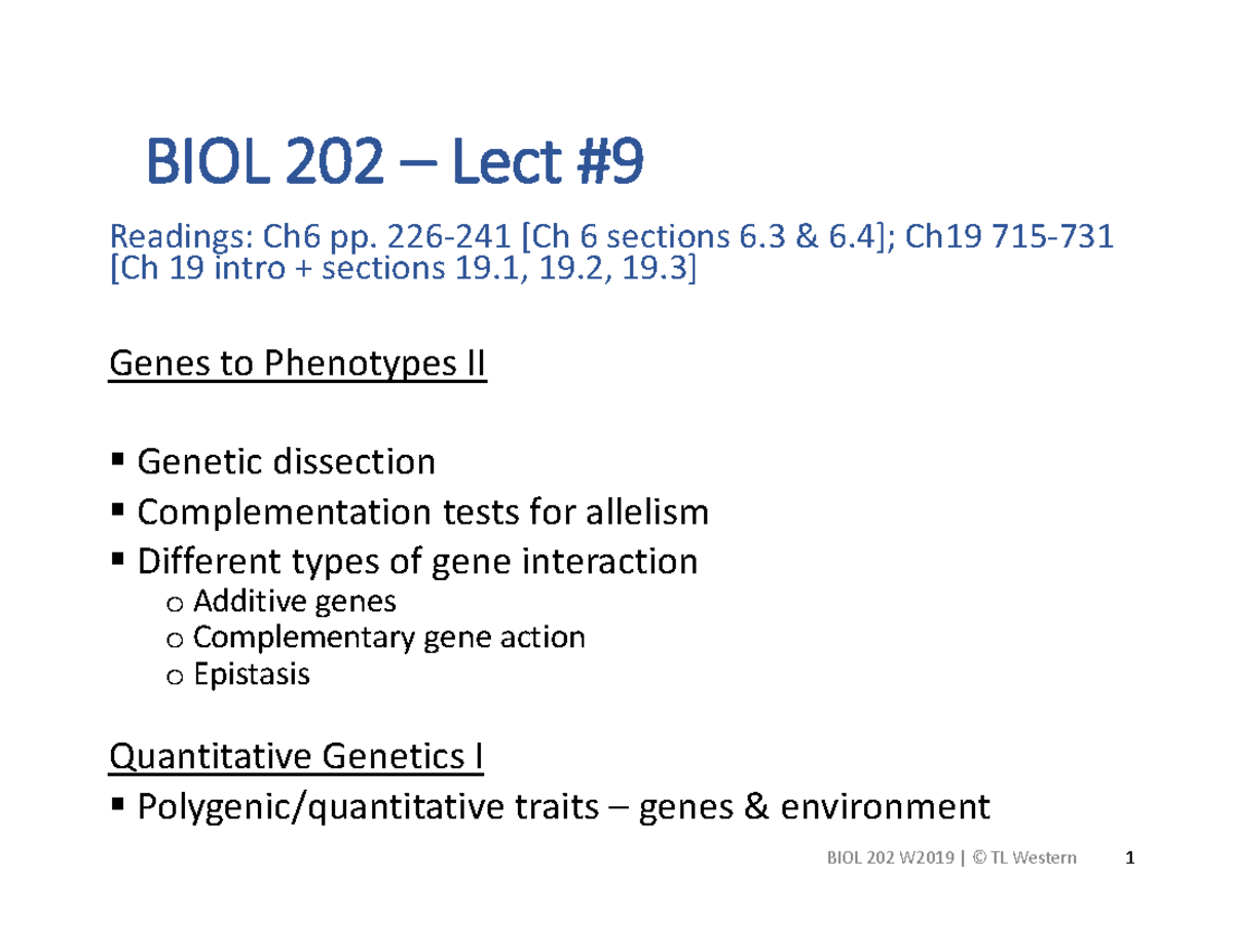 BIOL202 W2019 Lect9 - BIOL 202 – Lect #9 Readings: Ch6 Pp. 226‐241 [Ch ...