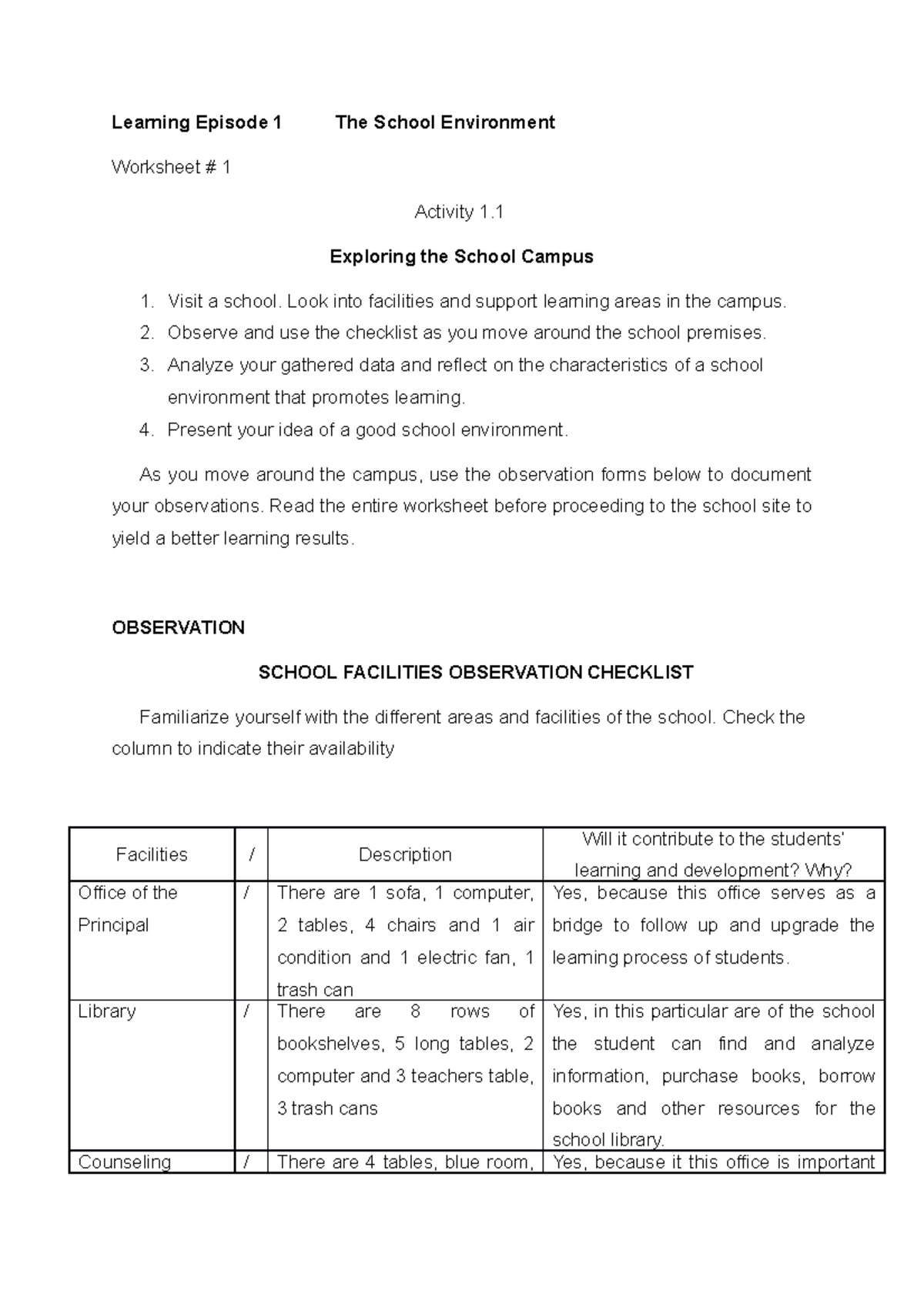Learning Episode 1The School Environment - Learning Episode 1 The ...