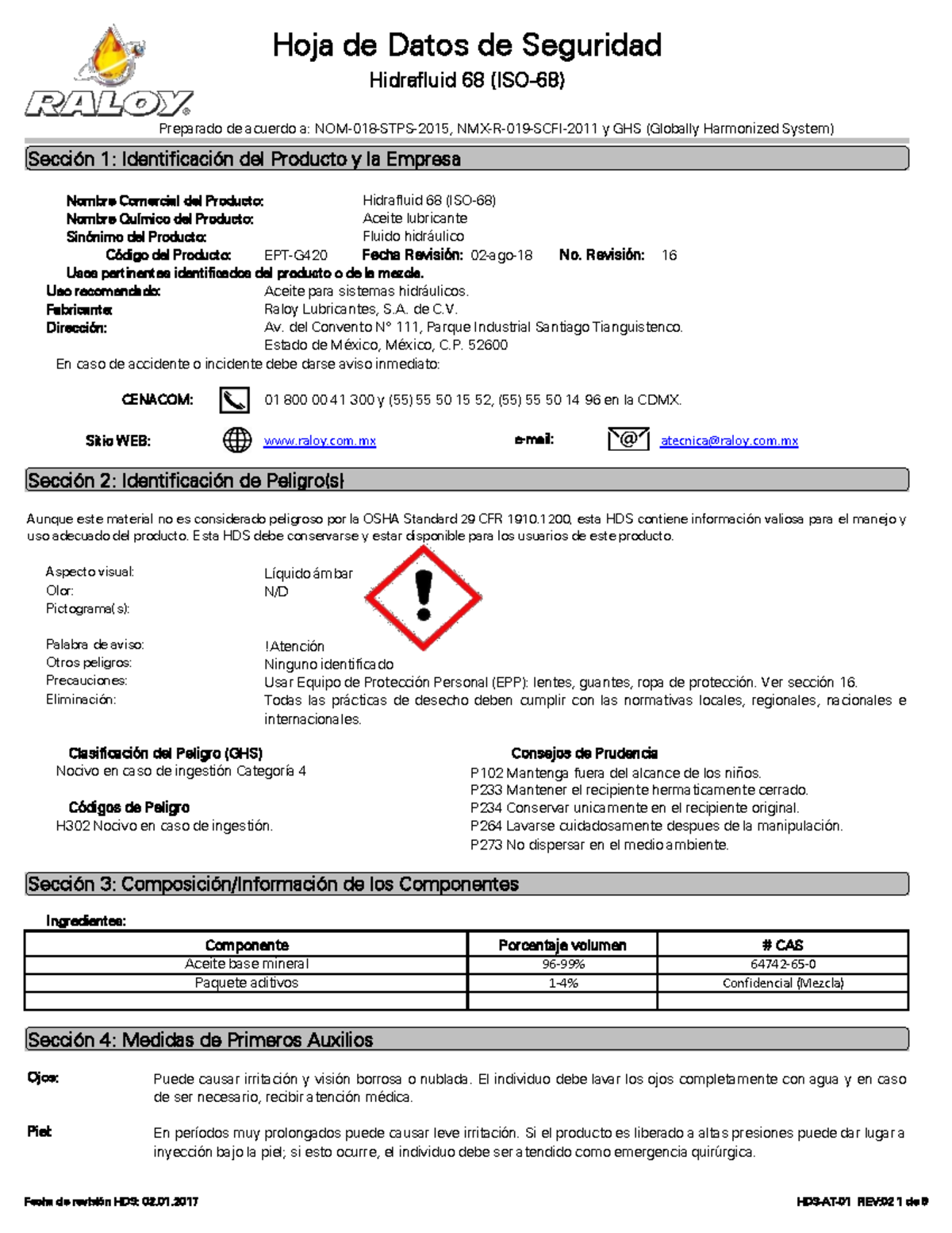 Aceite Hidrafluid 68 Hoja de seguridad Hidrafluid 68 (ISO68