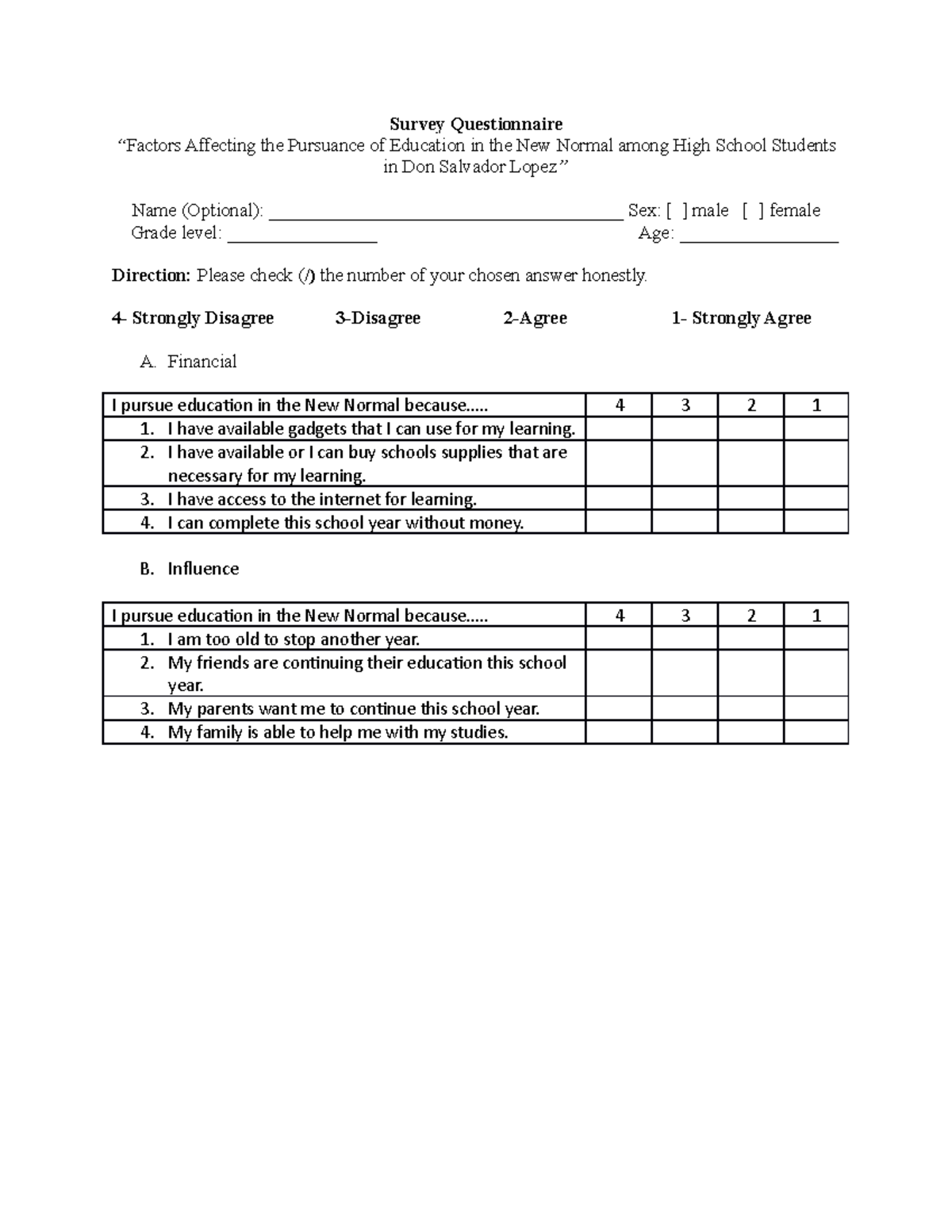 recommendation in research questionnaire