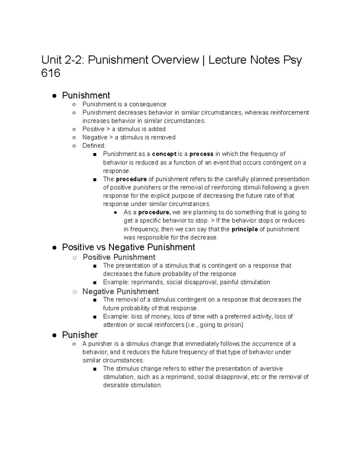 Unit 22 Punishment Overview Lecture Notes Psy 616 Unit 22