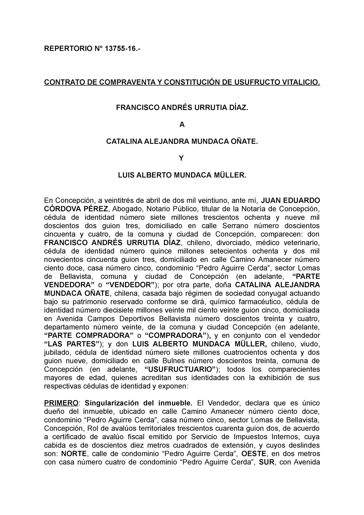 Contrato DE Compraventa Y Usufructo - REPERTORIO N°  CONTRATO DE  COMPRAVENTA Y - Studocu