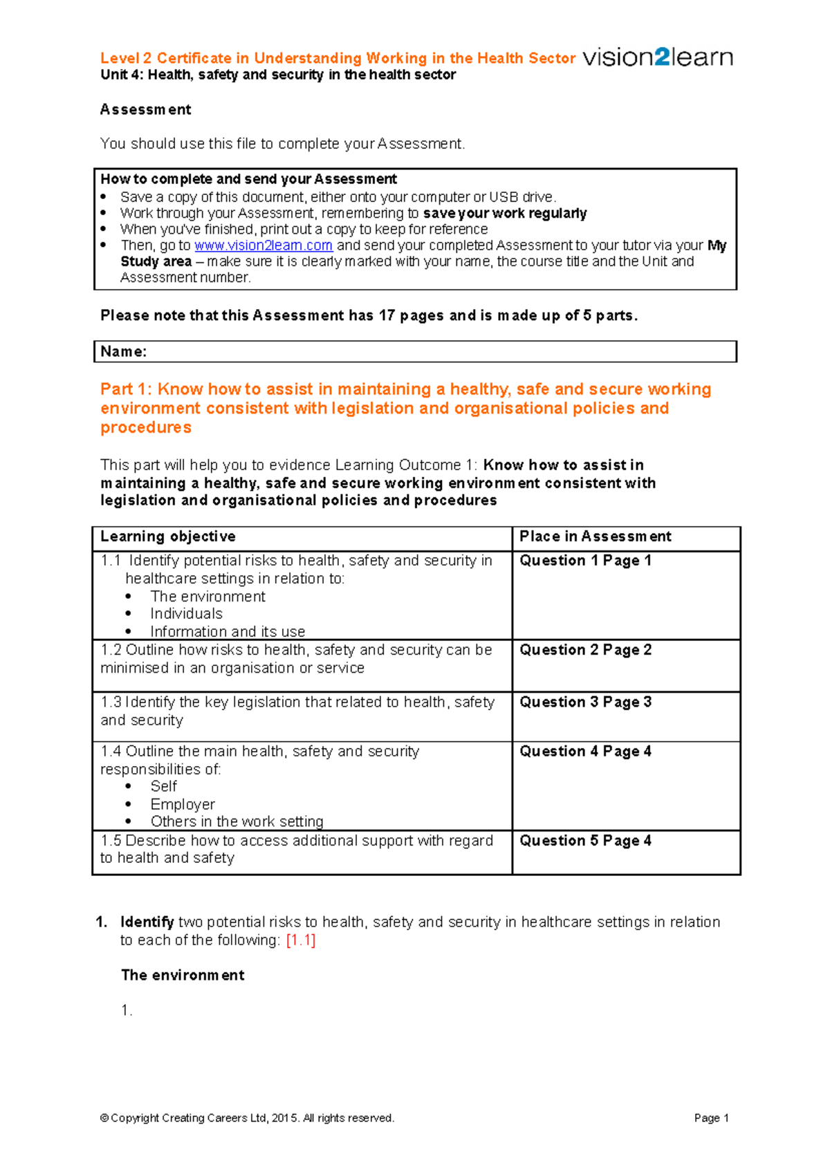 U4-assessment - Assessement - Unit 4: Health, safety and security in ...