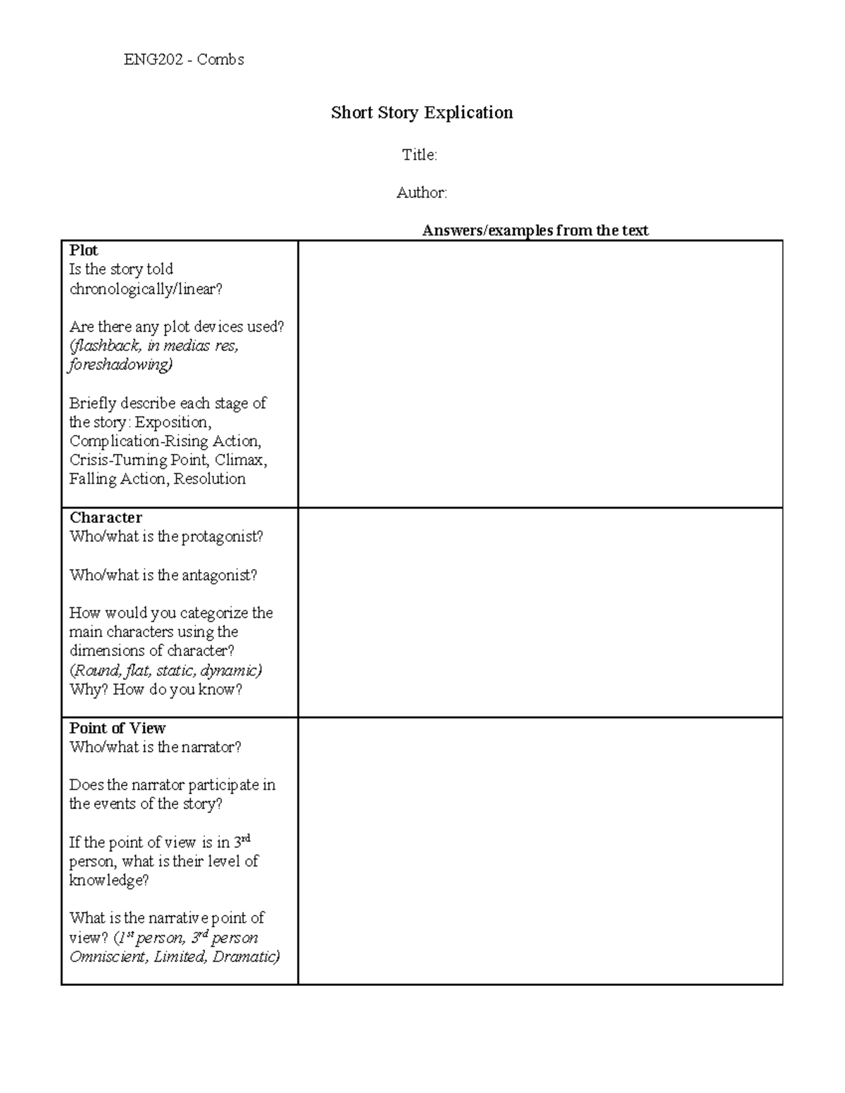 Short Story Explication Template LPA - ENG202 - Combs Short Story ...