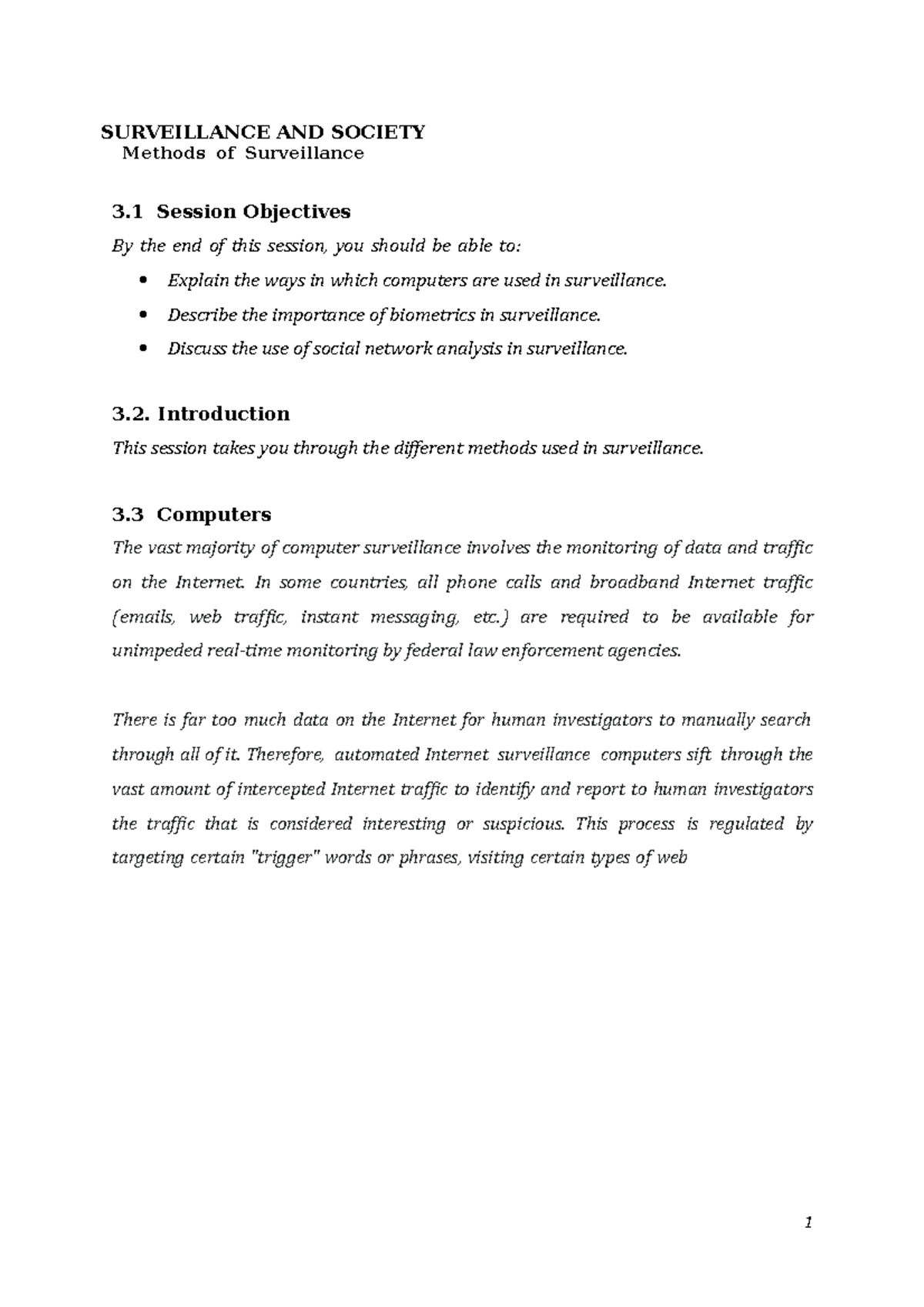 Surveillance and Society Methods of Surveillance 1 SURVEILLANCE AND