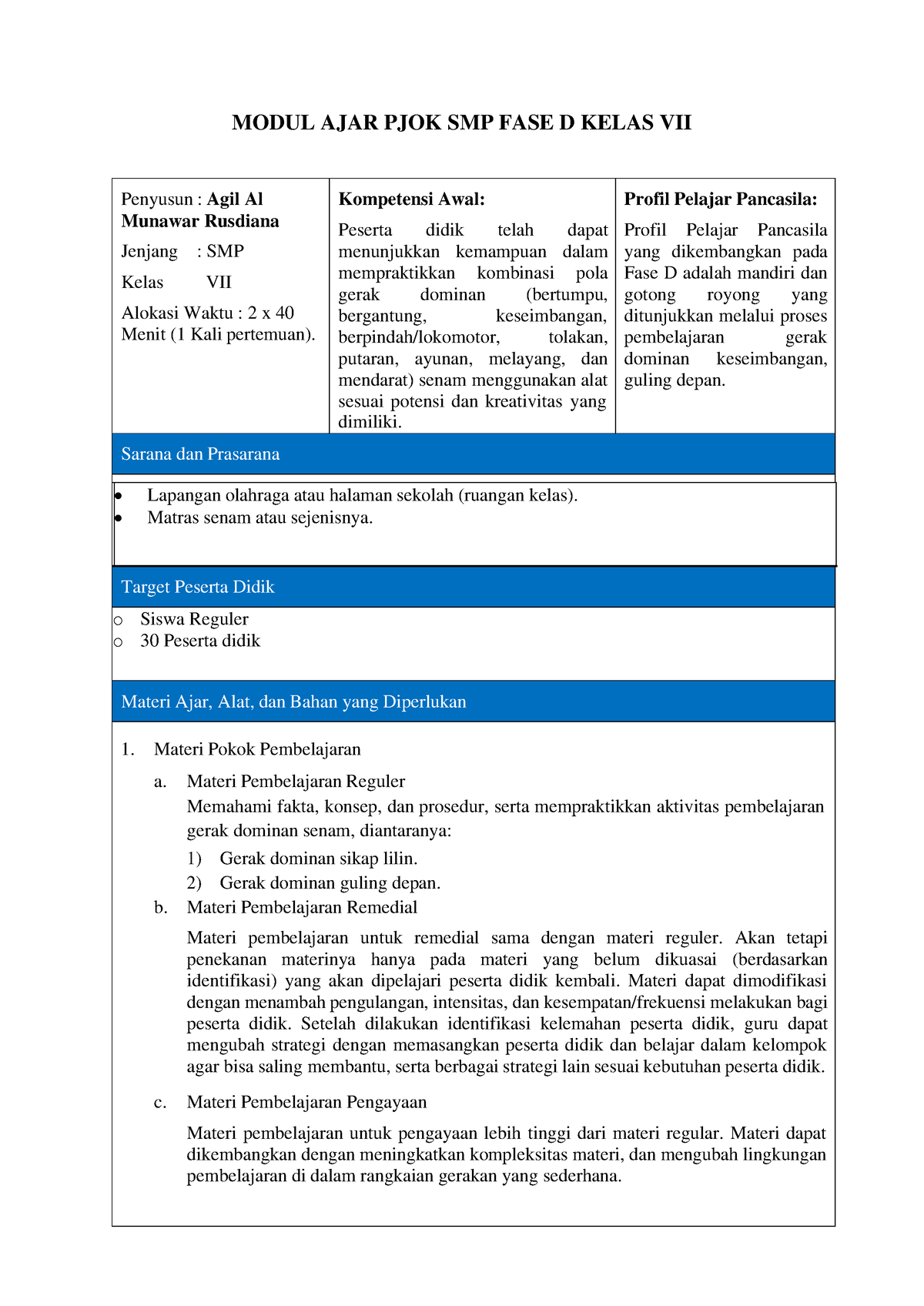 Modul Ajar Senam - MODUL AJAR PJOK SMP FASE D KELAS VII Penyusun : Agil ...