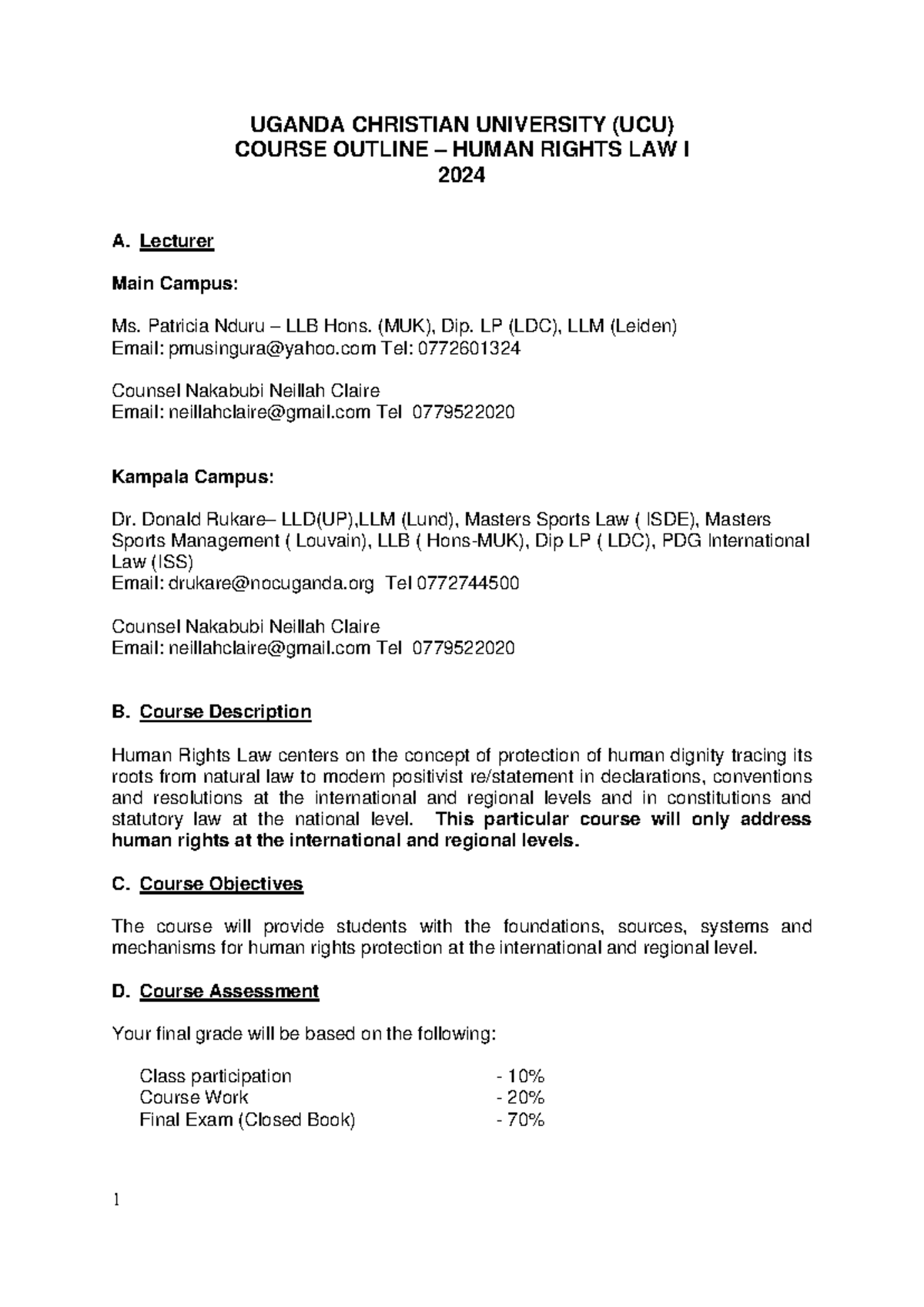 UCU Human Rights Law 1 Course Outline 2024 (Final) doc - UGANDA ...