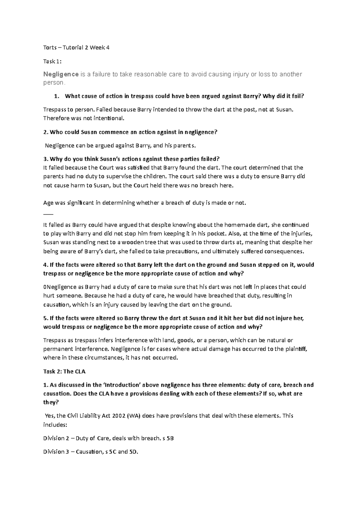 Torts workshop 2 completed notes 2018 - Torts – Tutorial 2 Week 4 Task ...