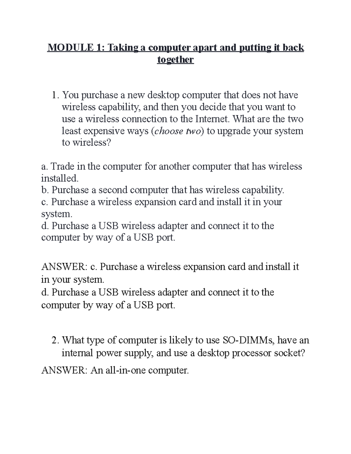 PC 14 Modules Questions and Answers - MODULE 1: Taking a computer apart ...