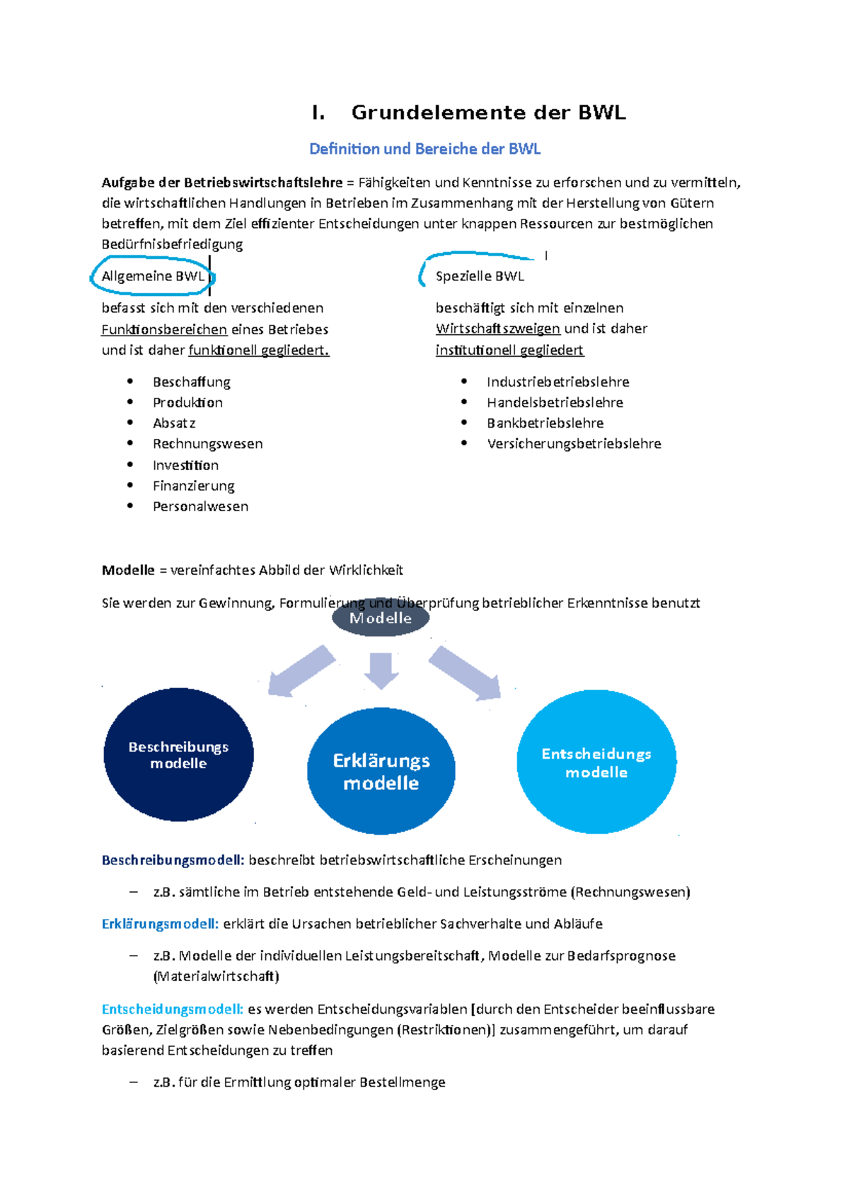BWL 1 - Modelle Entscheidungs Modelle Beschreibungs Modelle Erklärungs ...