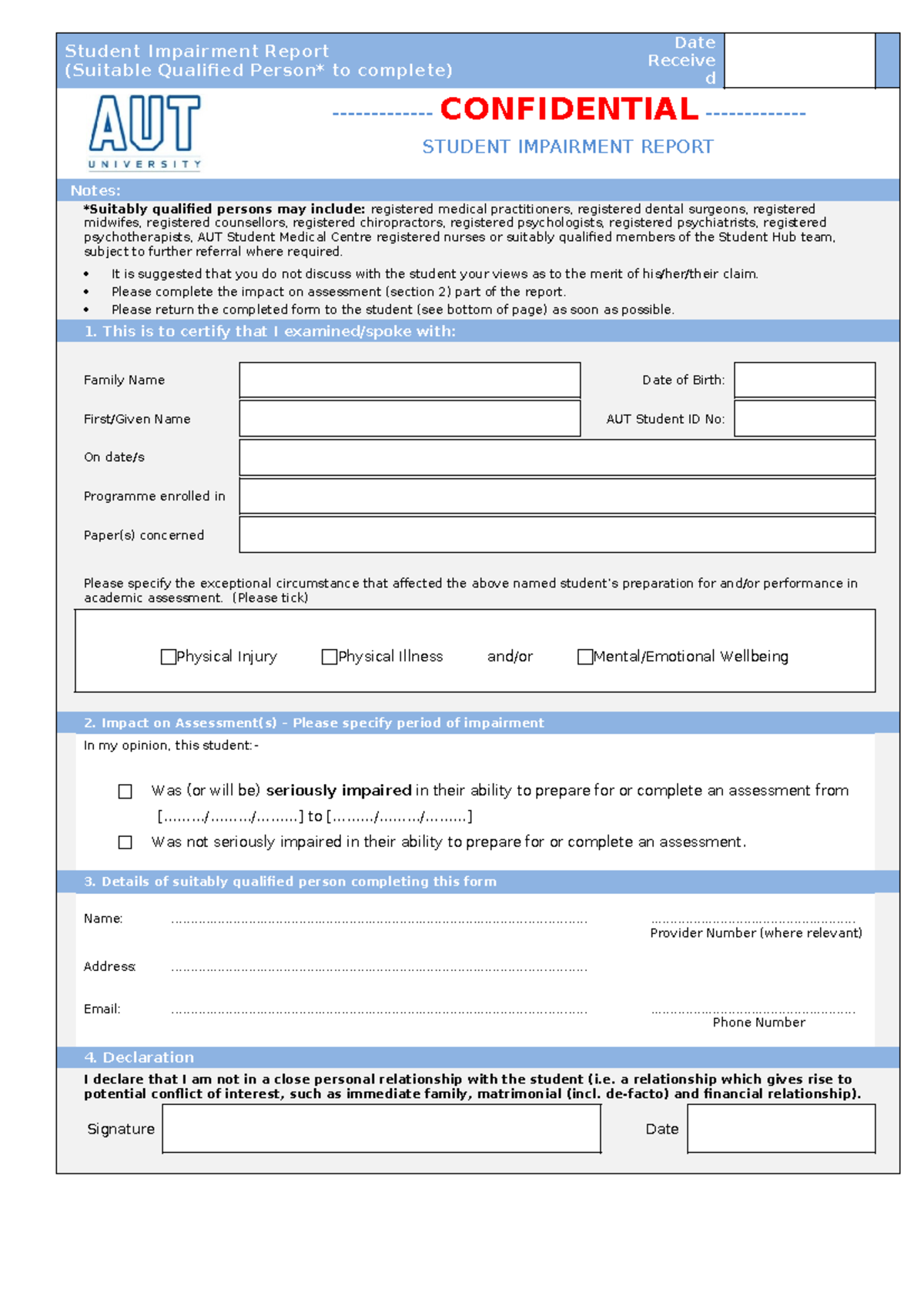 SIR Template - Student Impairment Report (Suitable Qualified Person* to ...