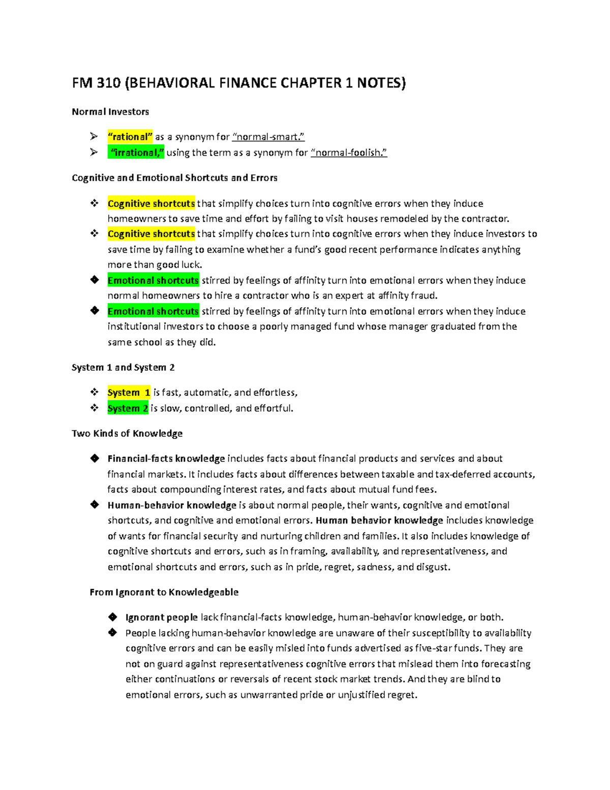 FM 310 Behavioral Finance Chapter 1 Notes - FM 310 (BEHAVIORAL FINANCE ...