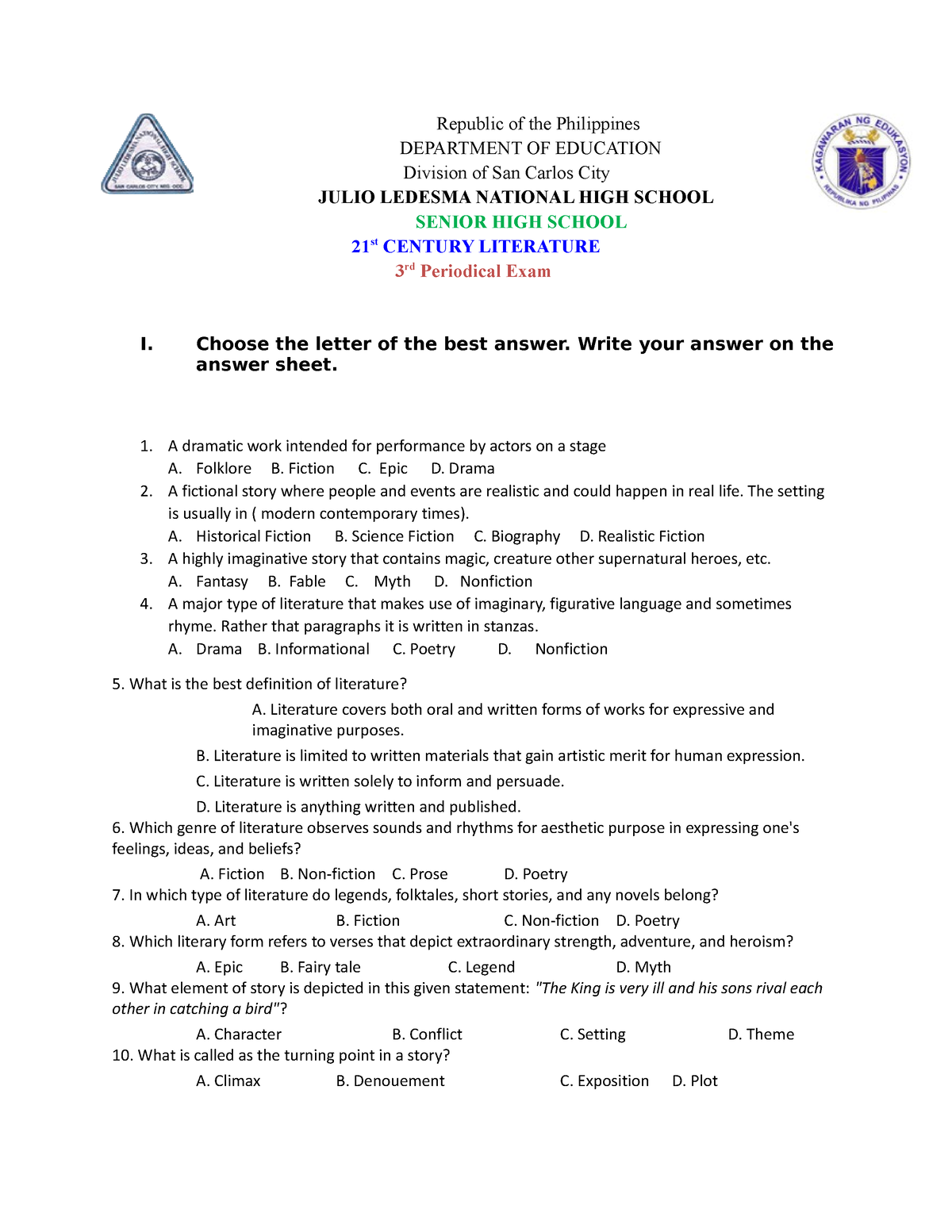 3rd Periodical Exam 21st Century - Republic Of The Philippines ...