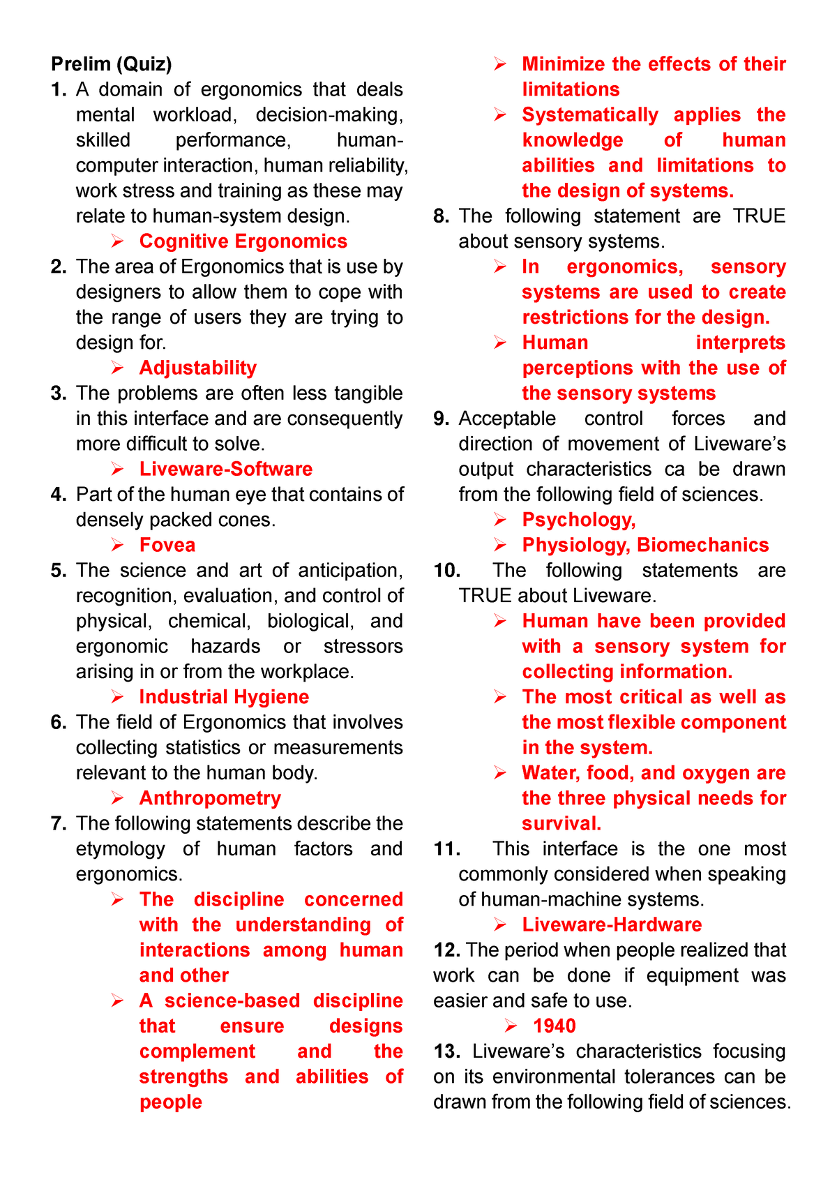 Ergonomics- Questions - Prelim (Quiz) A Domain Of Ergonomics That Deals ...