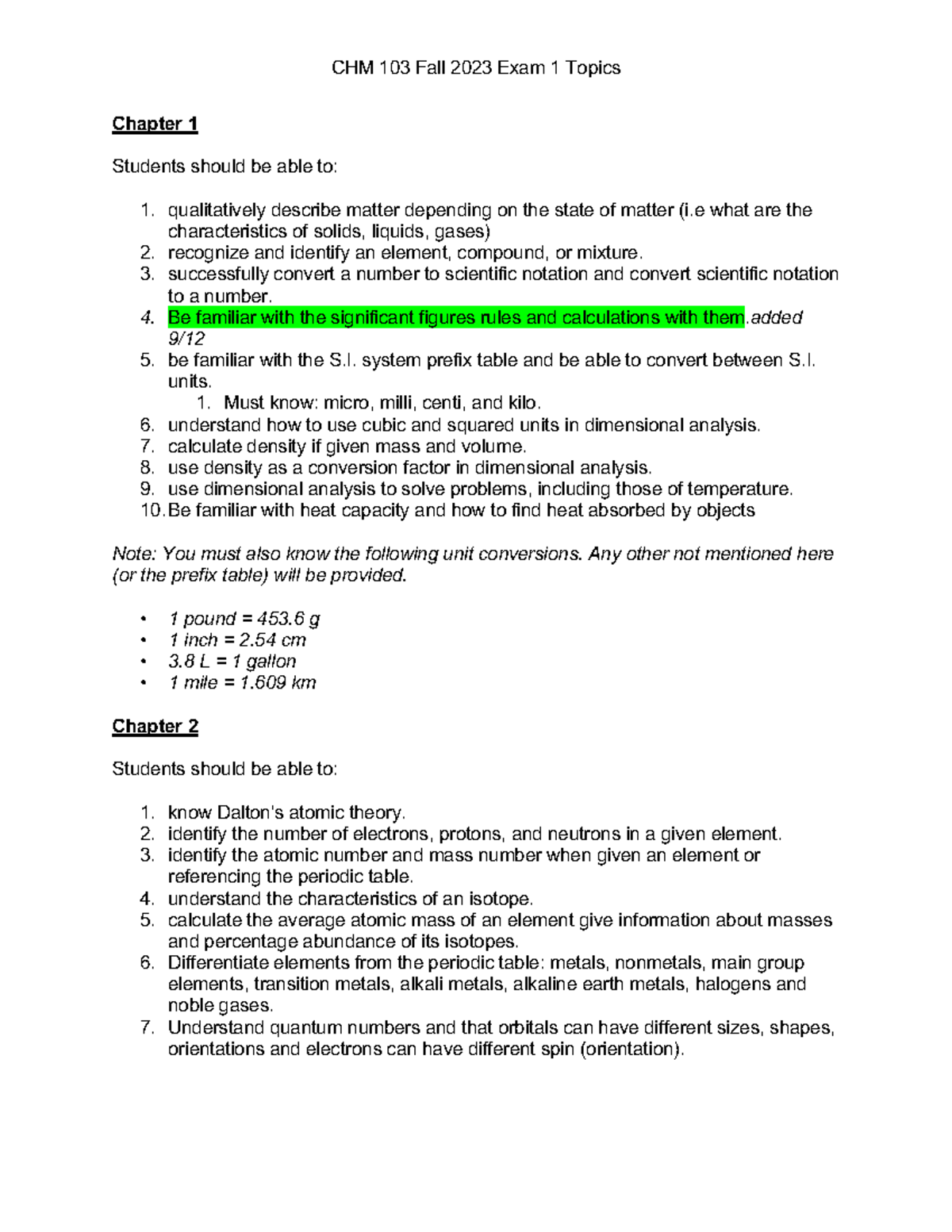 CHM 103 Fall 2023 Exam 1 Topic List mod CHM 103 Fall 2023 Exam 1 Topics Chapter 1 Students