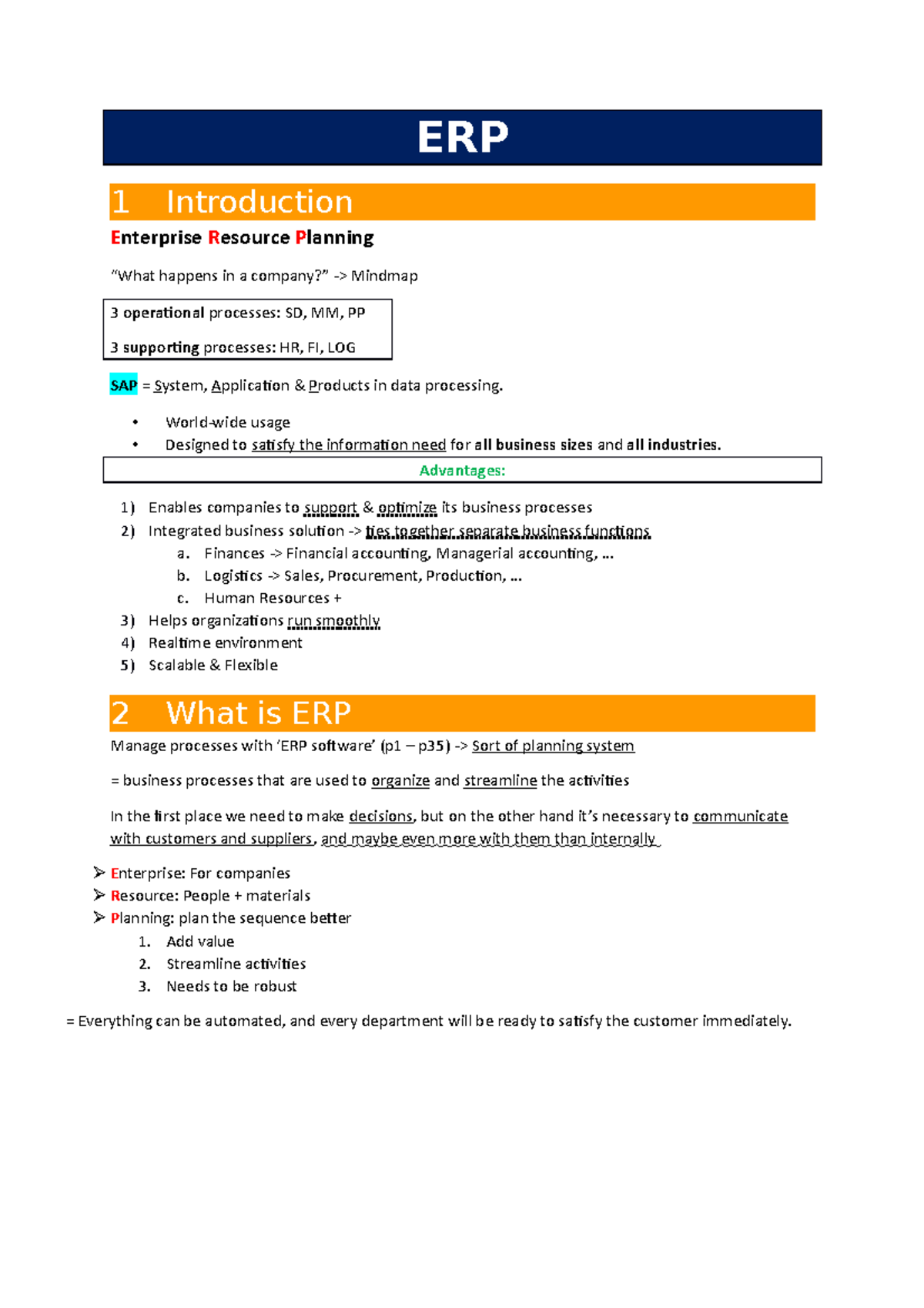 Samenvatting ERP - ERP 1 Introduction Enterprise Resource Planning ...
