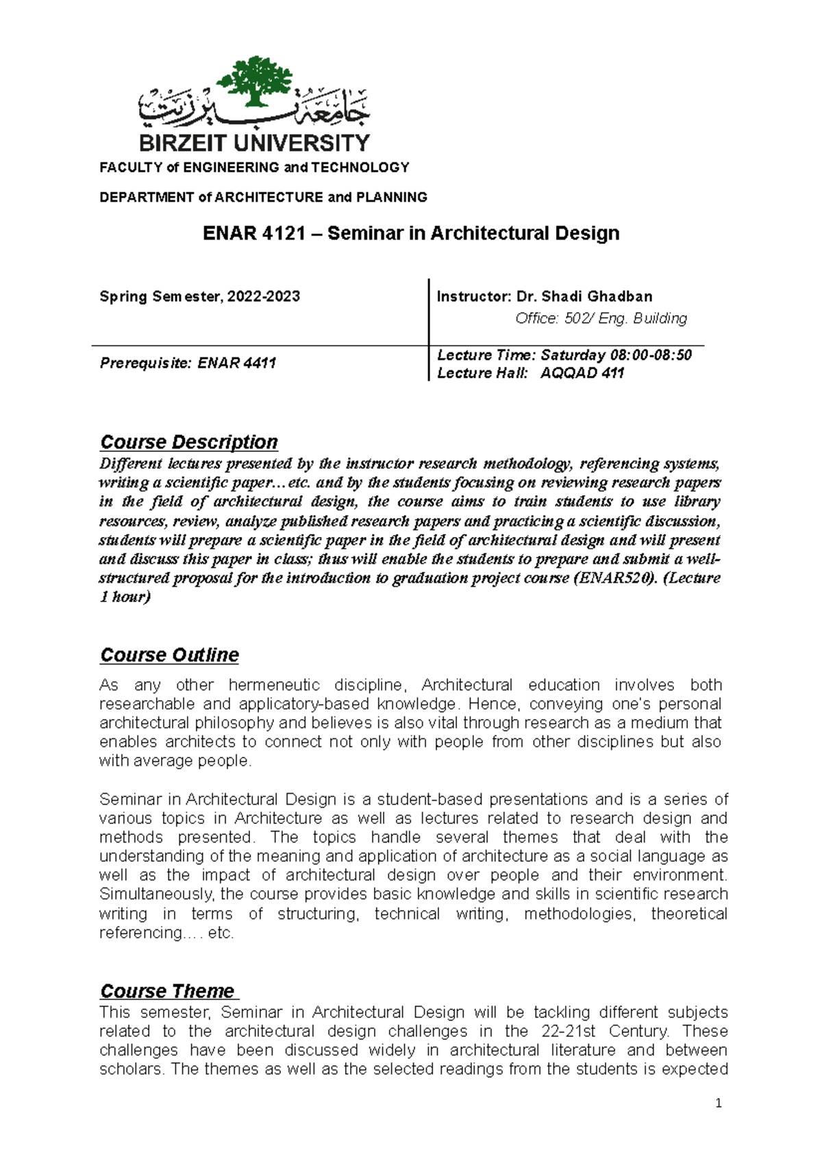 ENAR4121+Course+Outline+Spring+2022-2023+Version 1 - DEPARTMENT of ...