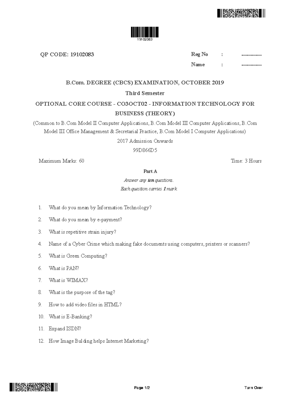 Information Technology FOR 2019 min - QP CODE: 19102083 Reg No ...