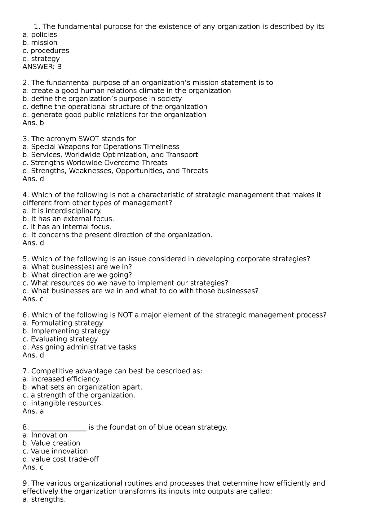 Strategic Management Quiz - The Fundamental Purpose For The Existence ...