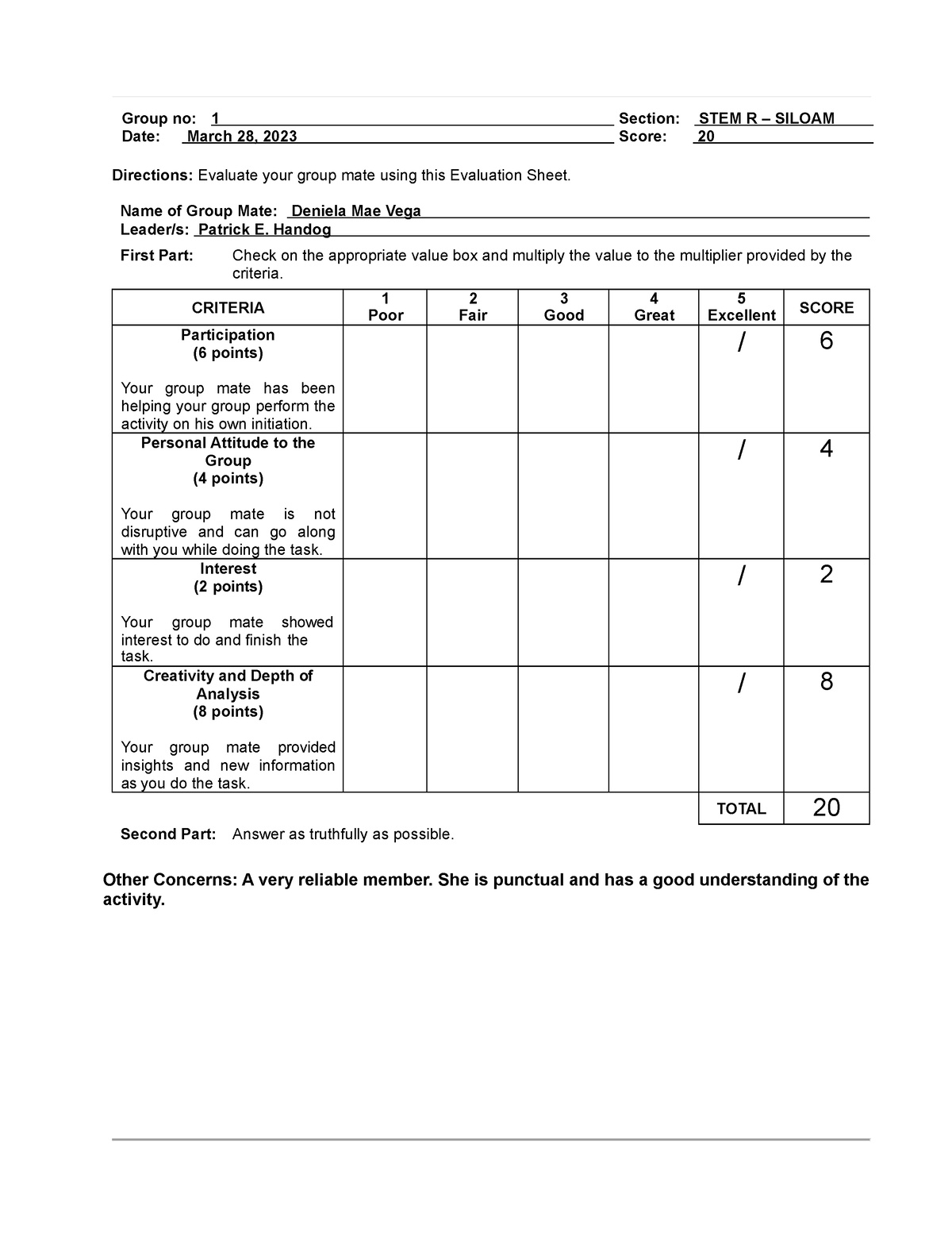 Group 1 - Evaluation Form - Date: March 28, 2023 Score: 20 Directions ...