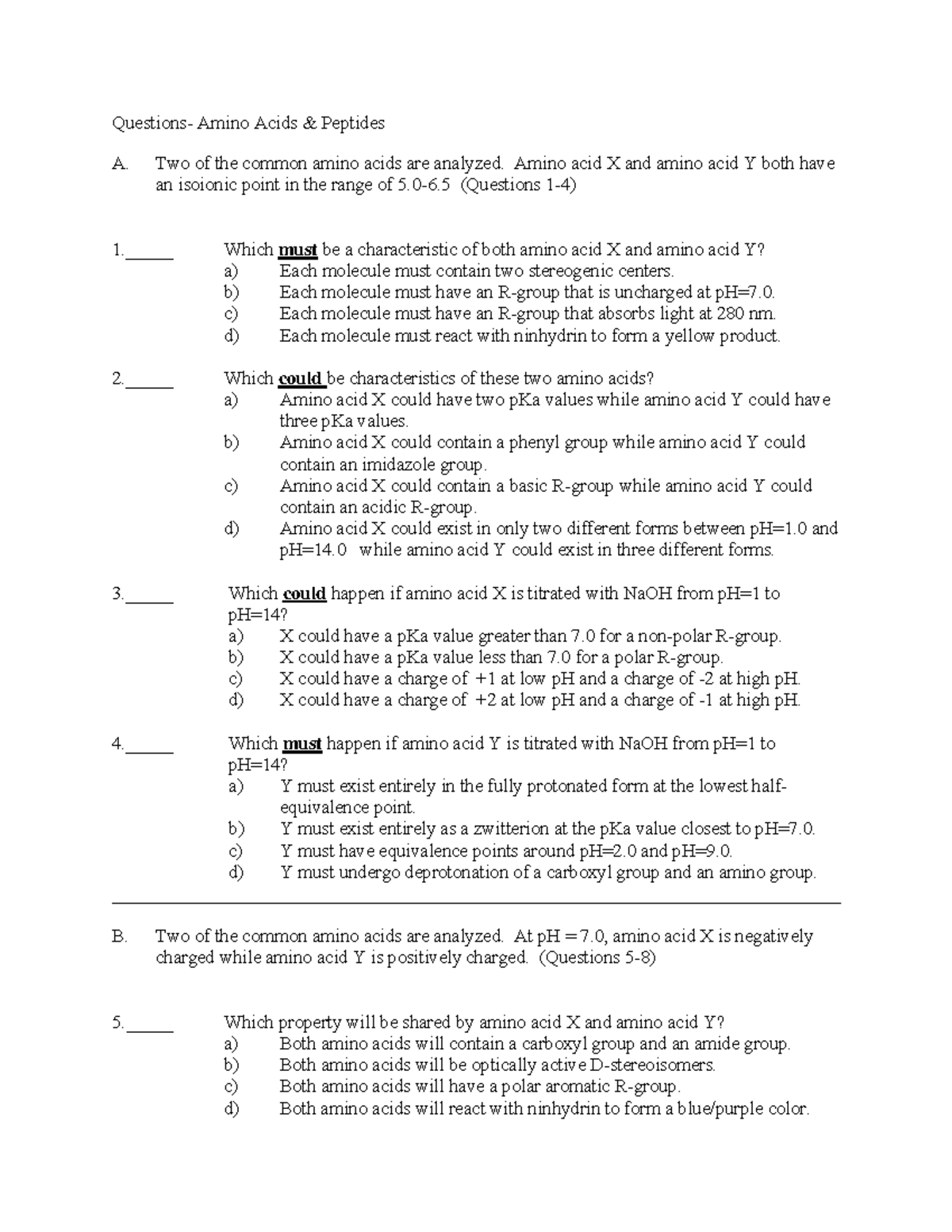 Biochem Amino Acids Peptides questions Biochemistry Uniwersytet