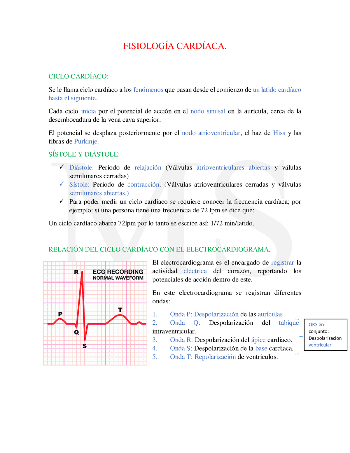 Resumen Fisiología Cardíaca 2 - FISIOLOGÍA CARDÍACA. CICLO CARDÍACO: Se ...