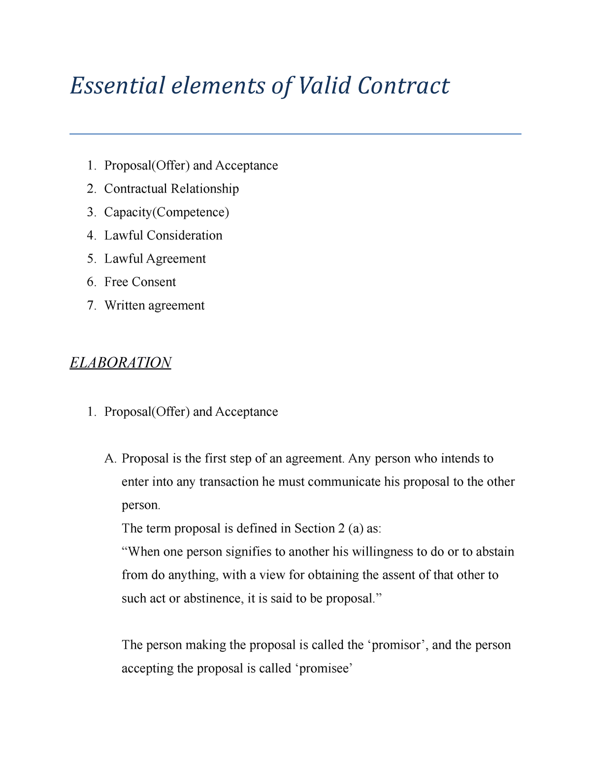 Essential Elements Of Valid Contract - - MU - StuDocu