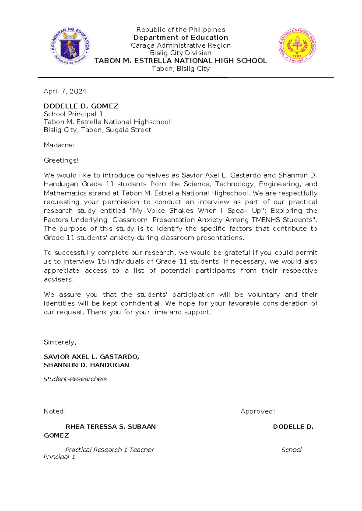 Letter To The Principal Gastardo - Republic Of The Philippines 