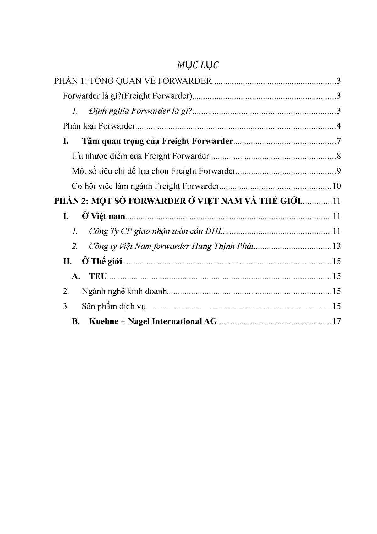 Forwarder- Qtccu - M ỤC L ỤC PHẦN 1: TỔNG QUAN VỀ - Studocu