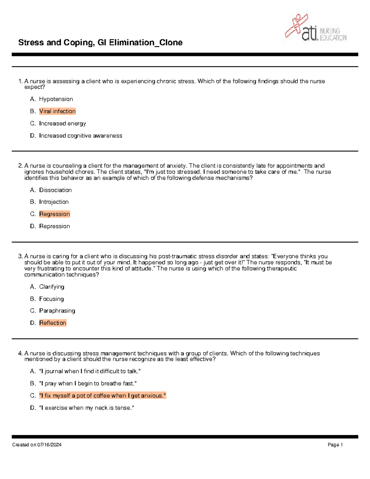 Module 12 Stress and Coping and GI Elimination Practice Quiz - A nurse ...