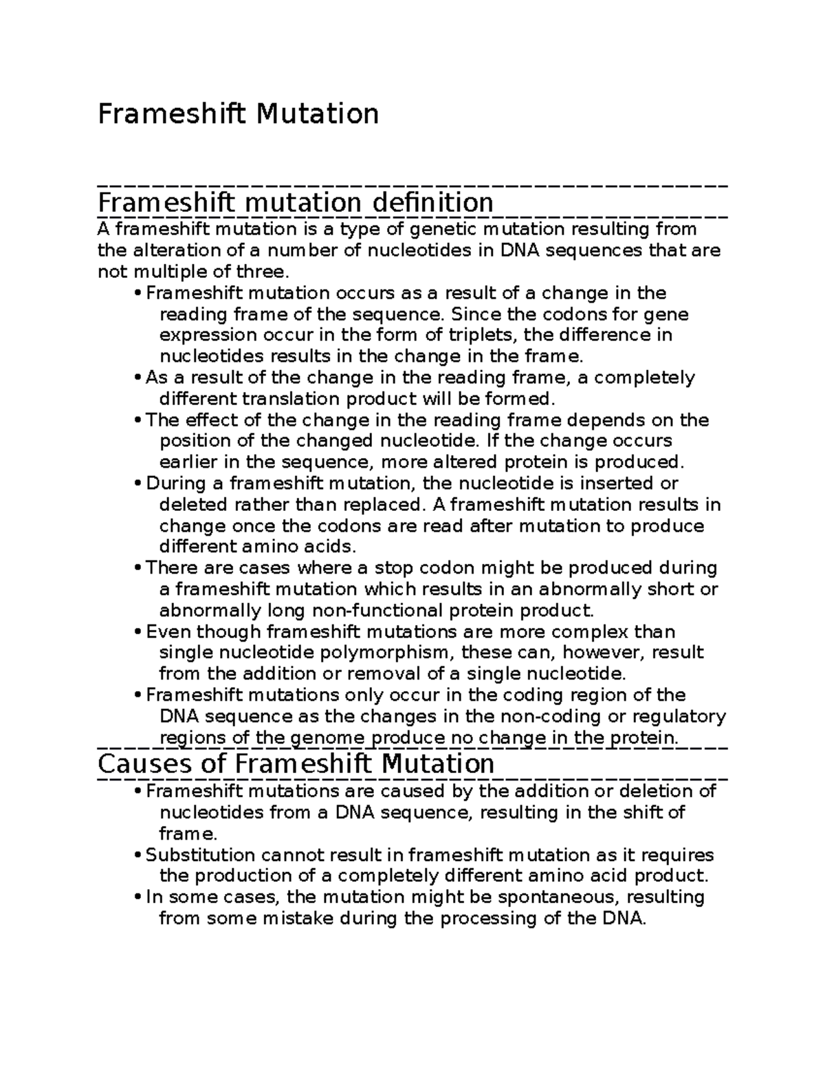 Frameshift Mutation notes Frameshift Mutation Frameshift mutation