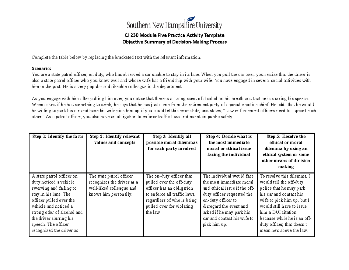 5-1 Practice Activity Objective Summary Of Decision-making Process - Cj 