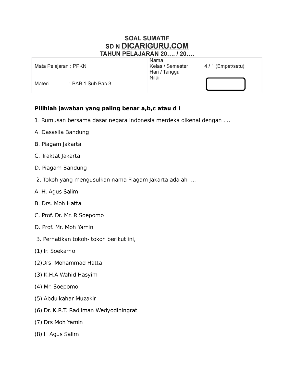 SOAL Sumatif PPKN KLS 4 BAB 1-3 - SOAL SUMATIF SD N DICARIGURU TAHUN ...