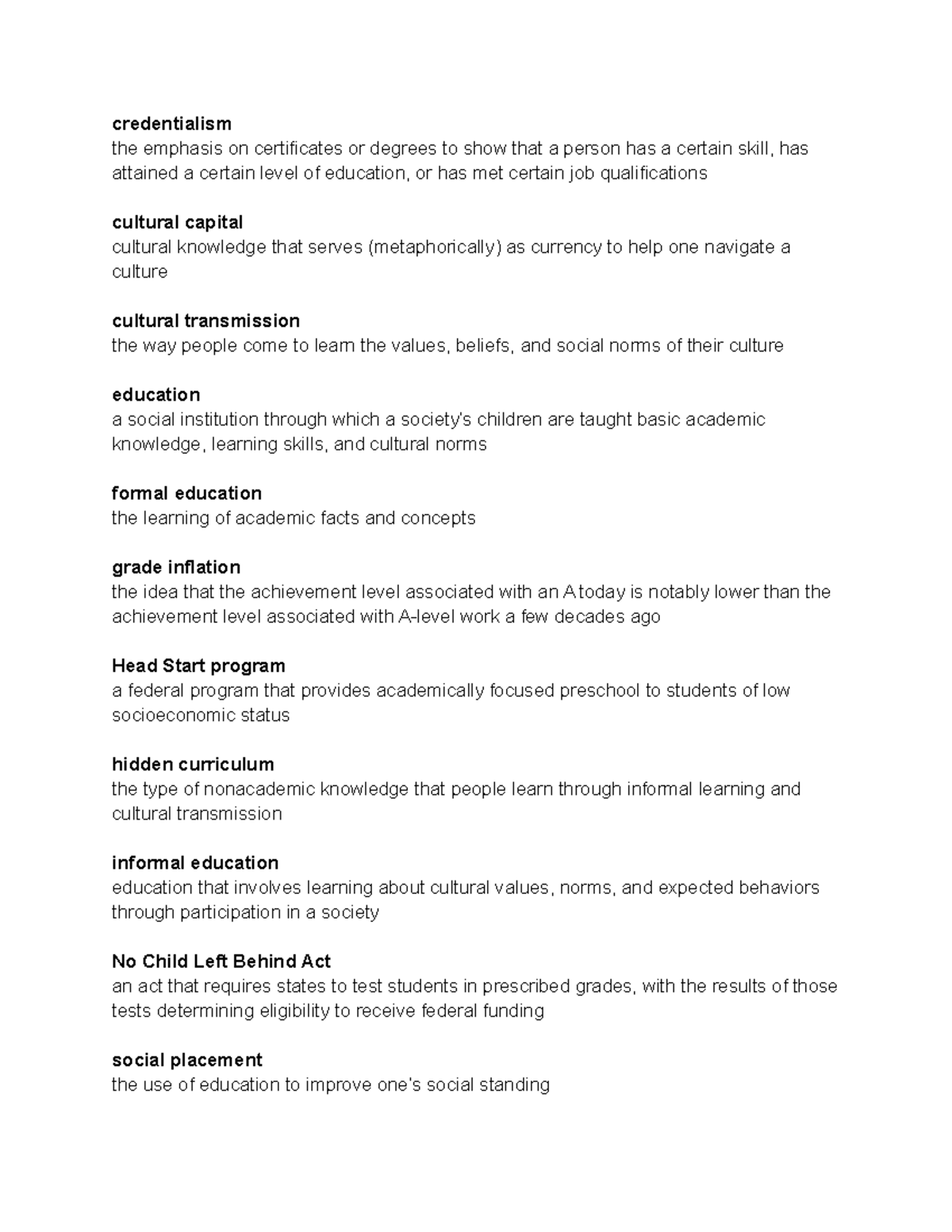 Chapter 16 Terms And Definitions - credentialism the emphasis on ...