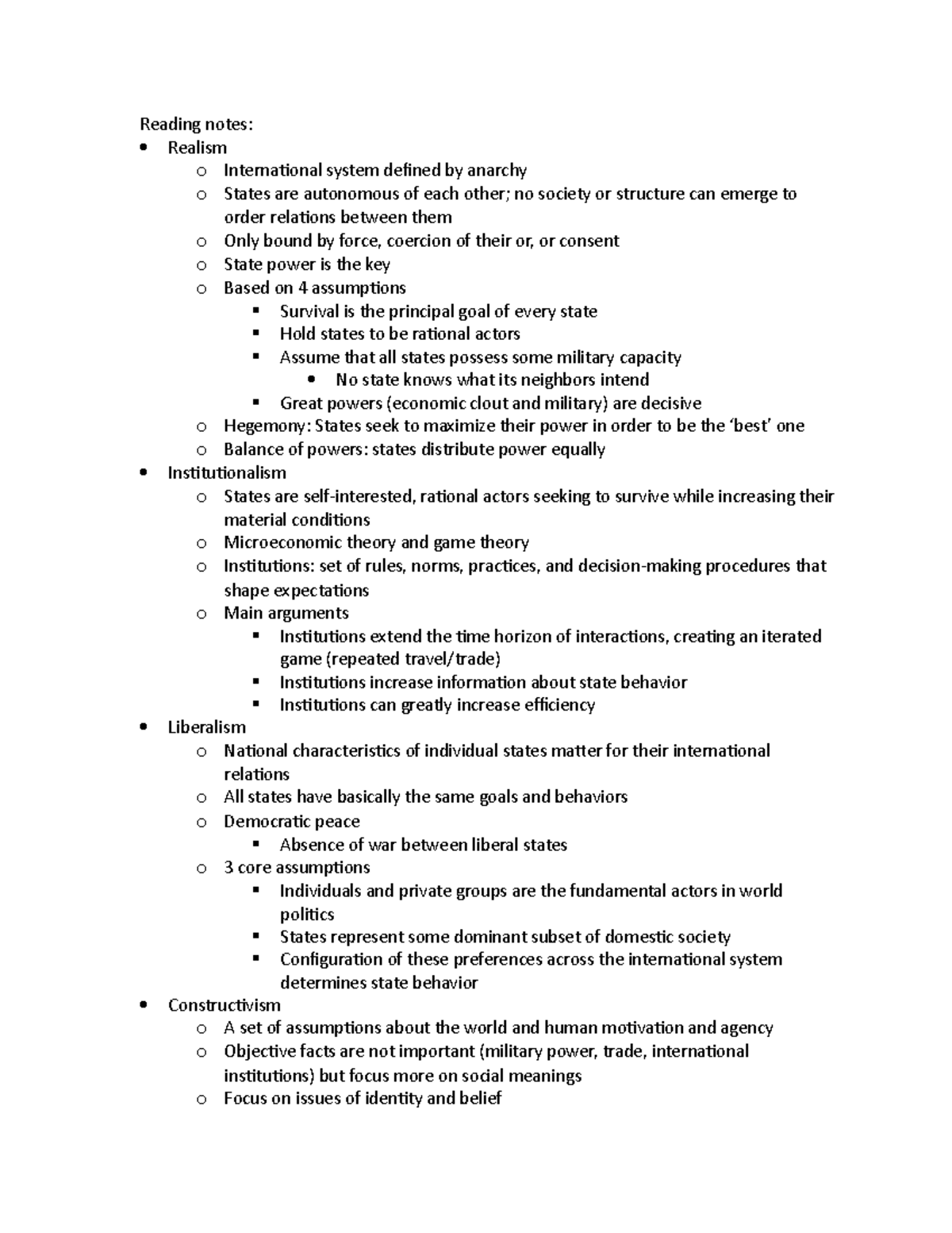 PS M1 Notes - Reading notes: Realism o International system defined by ...