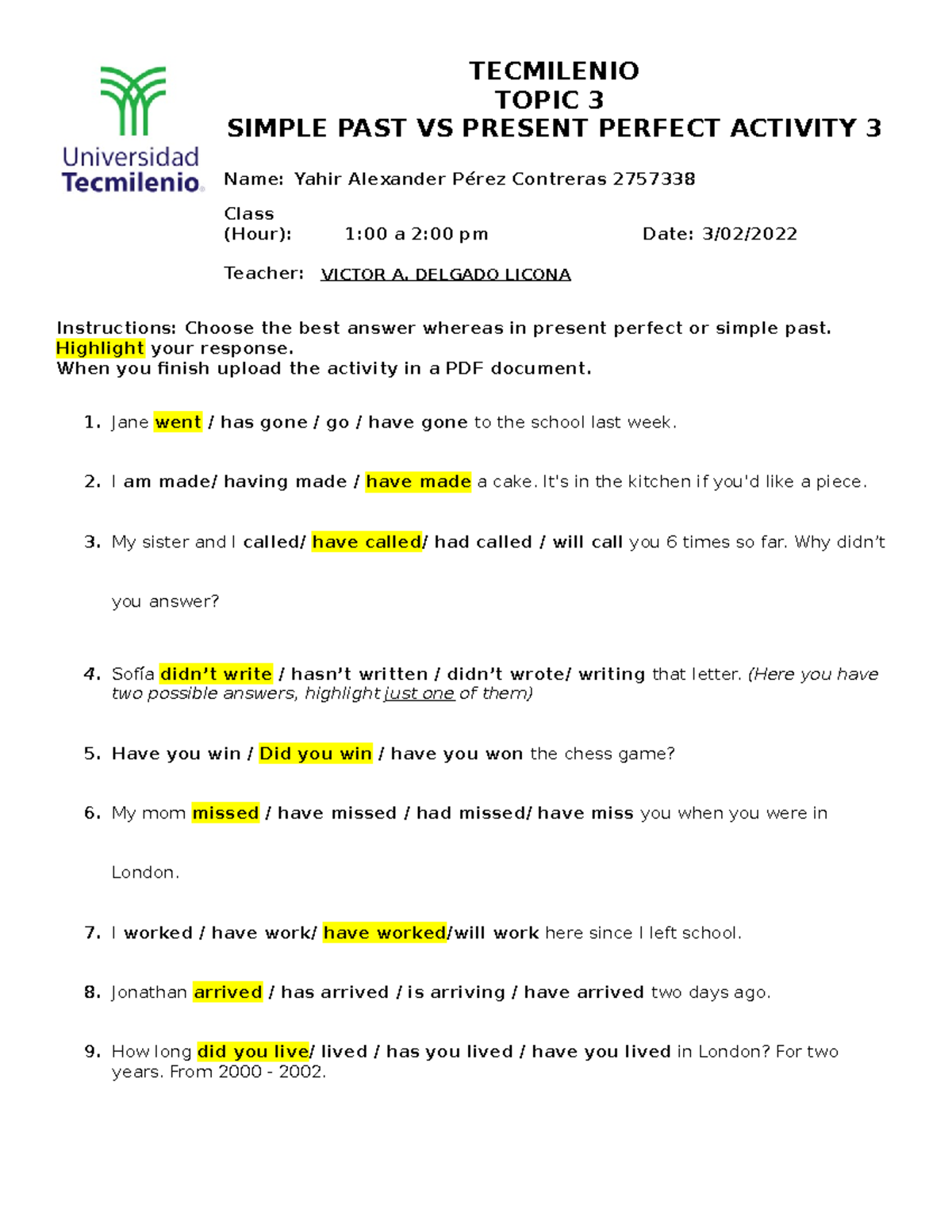 Ingles 3 act 3 - tarea y es 100 seguro - TECMILENIO TOPIC 3 SIMPLE PAST ...