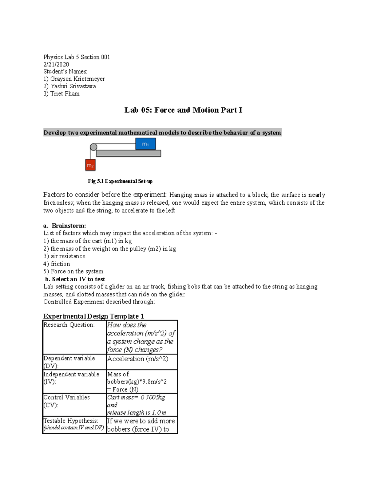 Lab 05 Force and Motion Part I - Physics Lab 5 Section 001 2/21 ...