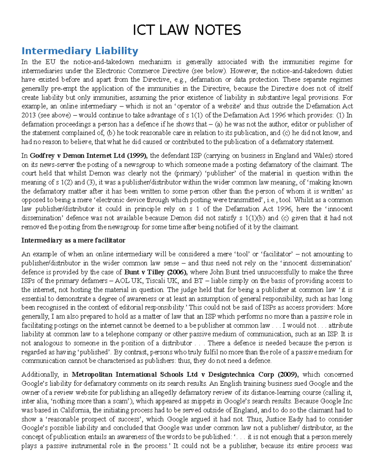 ICT LAW Notes Summary - ICT LAW NOTES Intermediary Liability In the EU ...