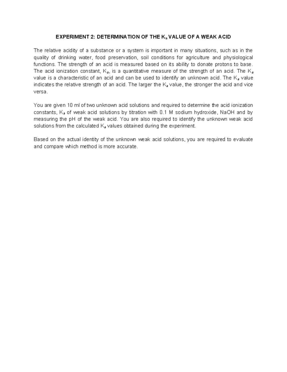 Expt 2 Lab 2 Manual EXPERIMENT 2 DETERMINATION OF THE Ka VALUE OF 