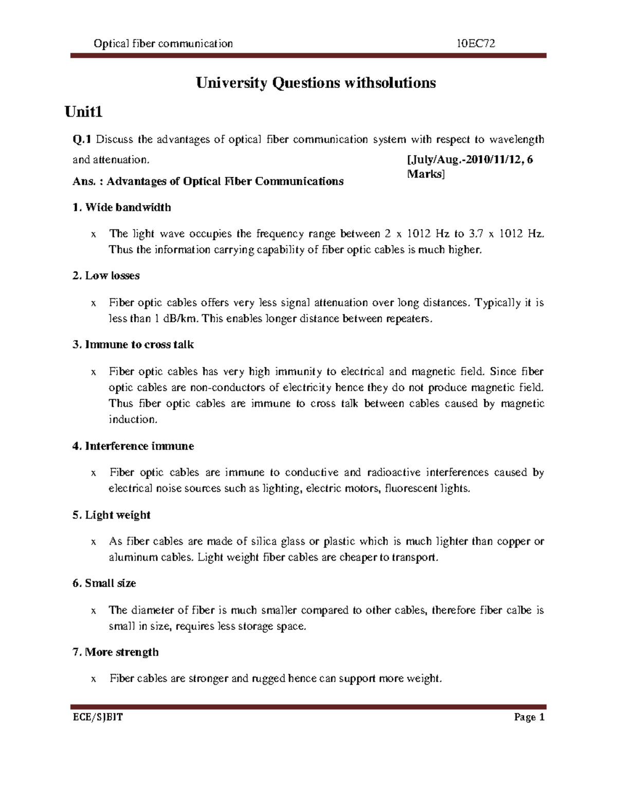 Ece vii optical fiber communication 10ec72 solution - ECE/SJBIT Page 1 ...