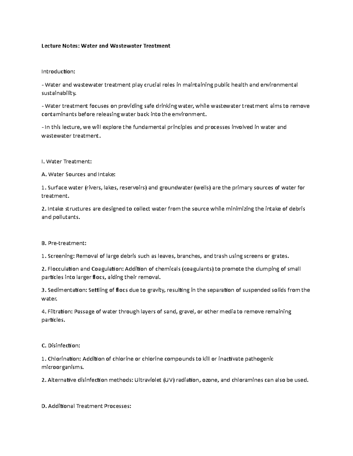 Lecture Notes Water and Wastewater Treatment Lecture Notes Water