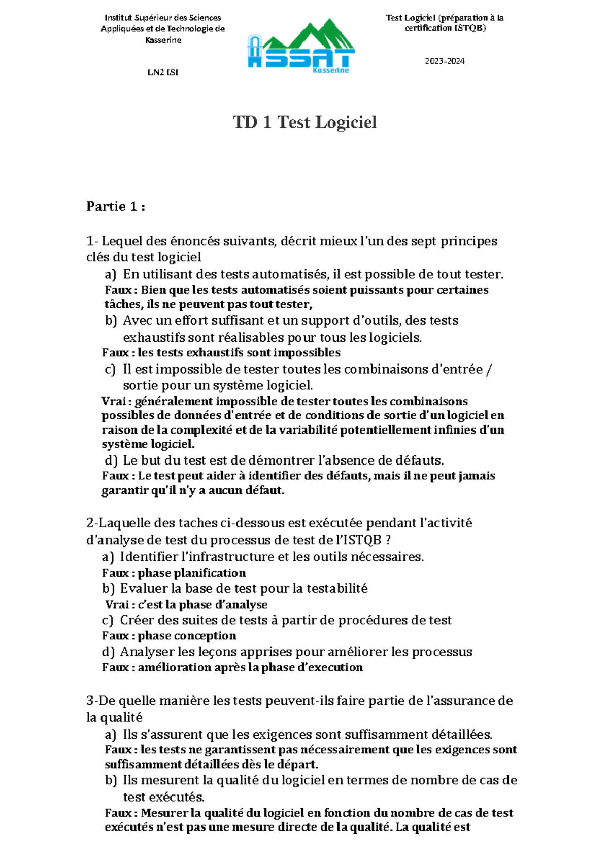 TD1 - Correction - Td test logiciel - TD 1 Test Logiciel Partie 1 : 1 ...