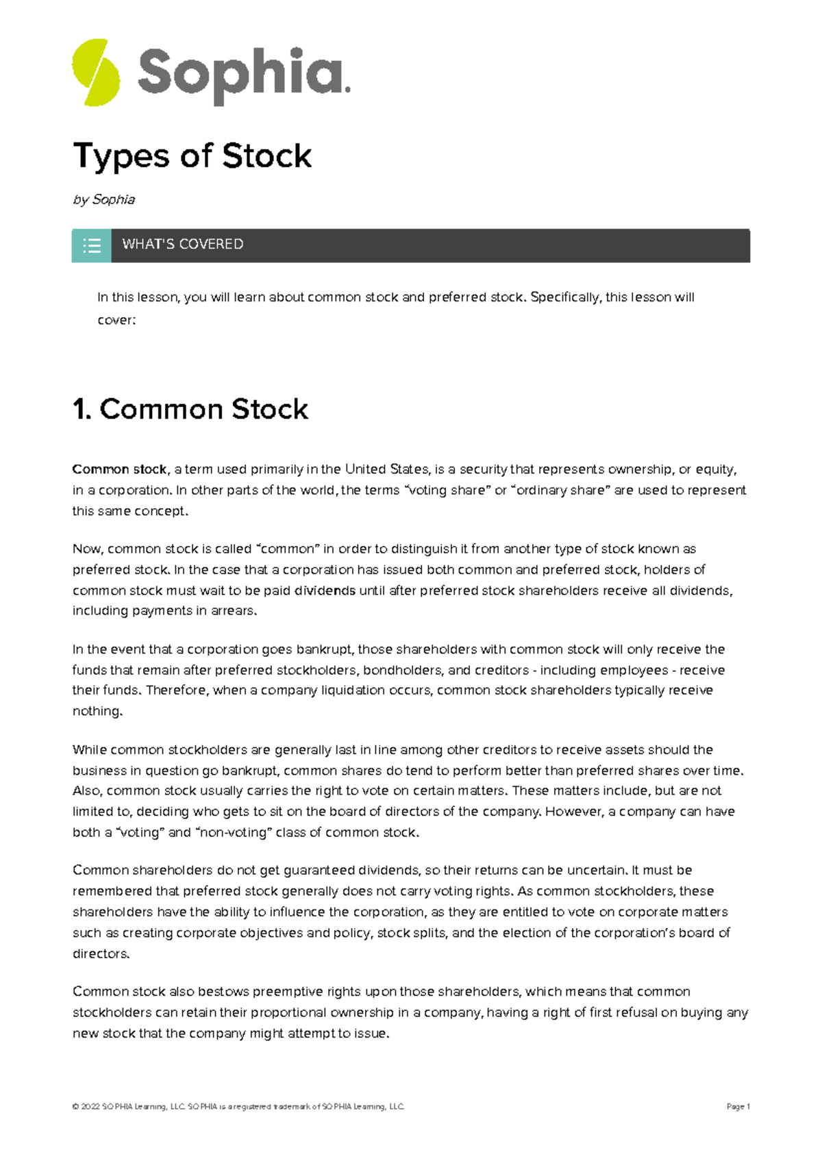 Types of stocks Assignments Types of Stock by Sophia In this lesson