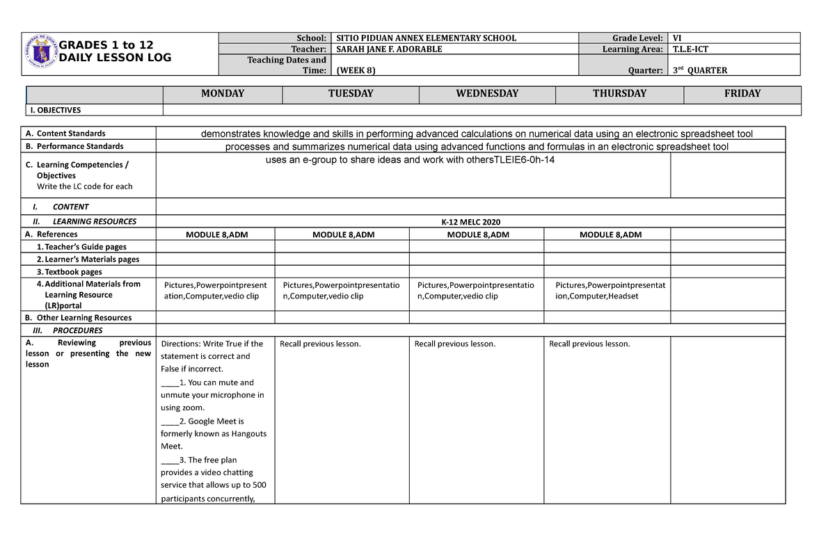 DLL TLE ICT 6 Q3 W8 - JJJ - GRADES 1 To 12 DAILY LESSON LOG School ...