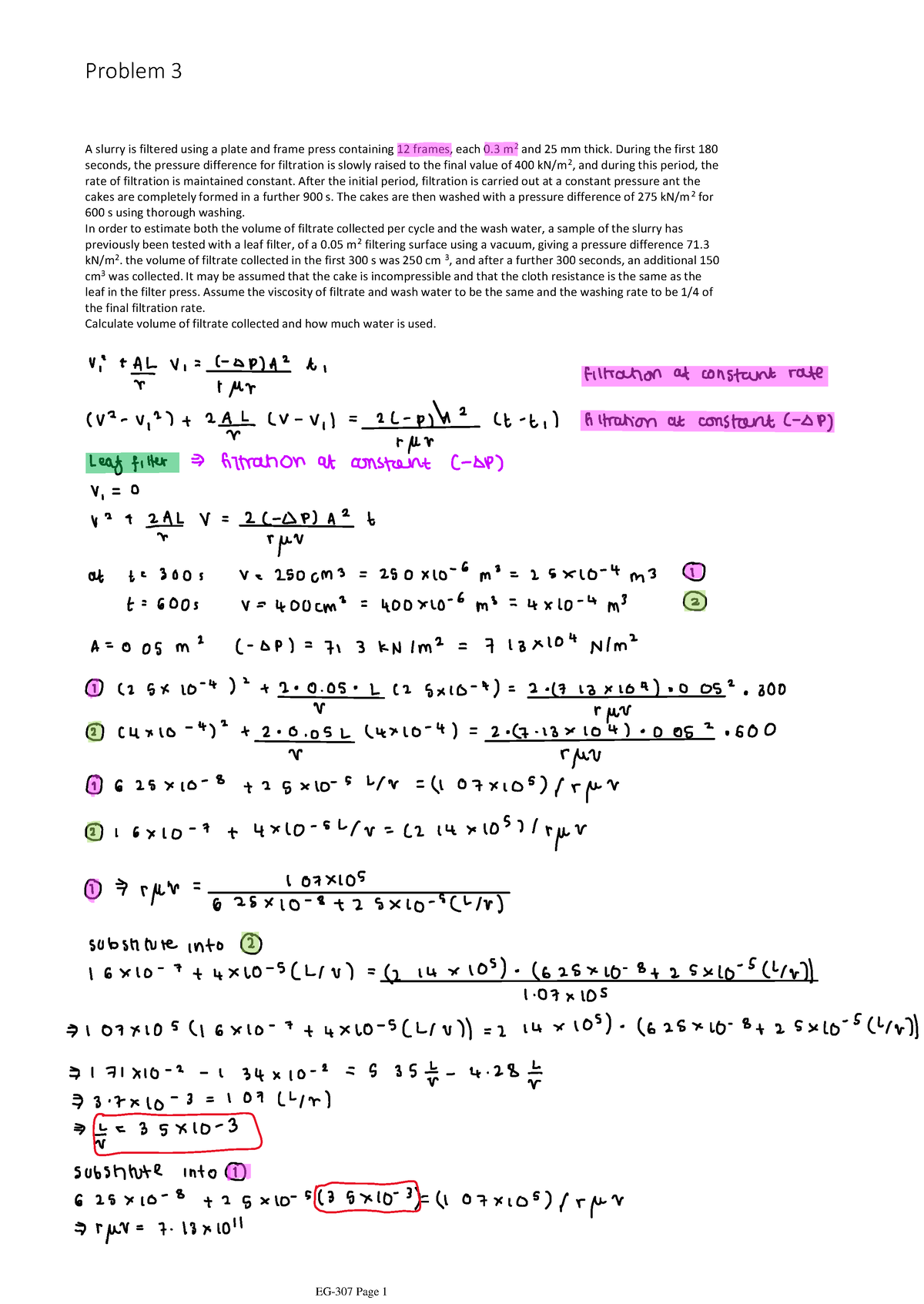 Chapter 6-Problem 3 - A slurry is filtered using a plate and frame ...