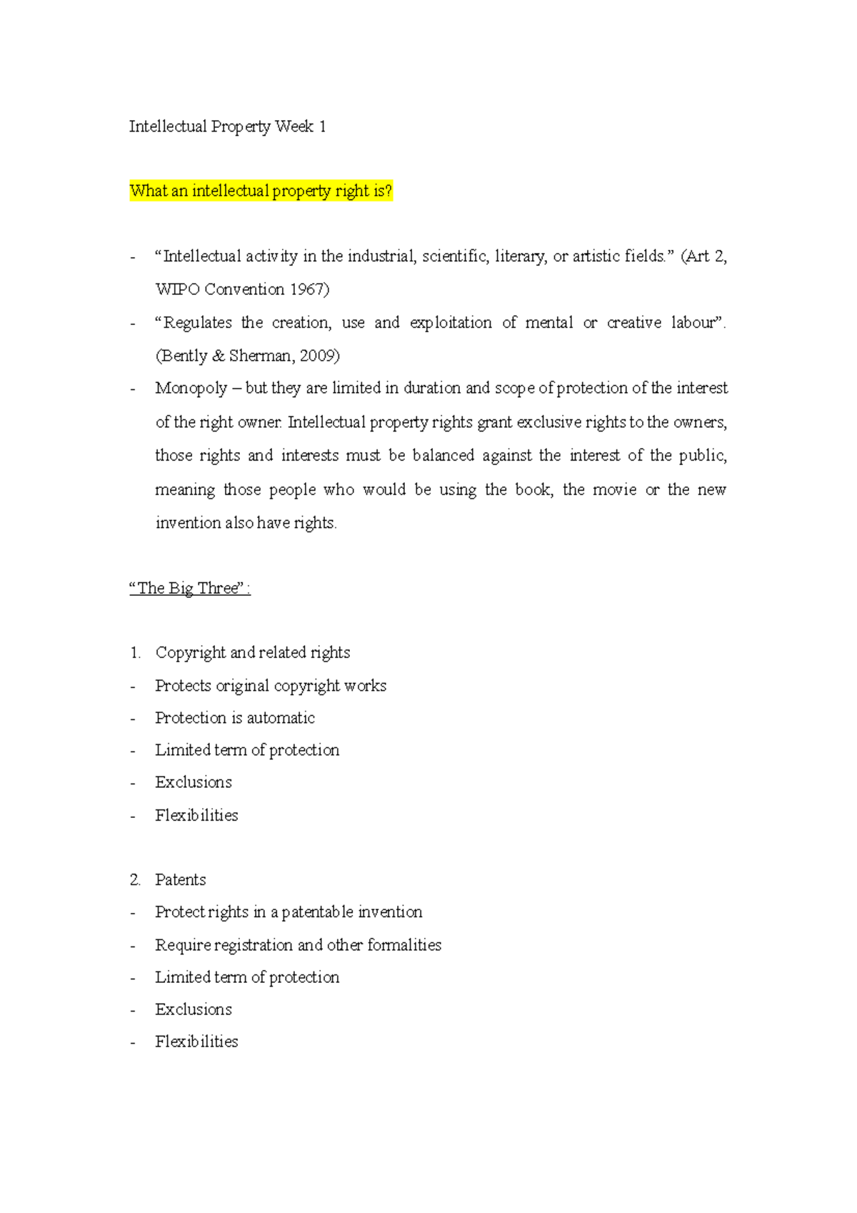 Week 1 Notes - Principles of Intellectual Property - AUT - Studocu