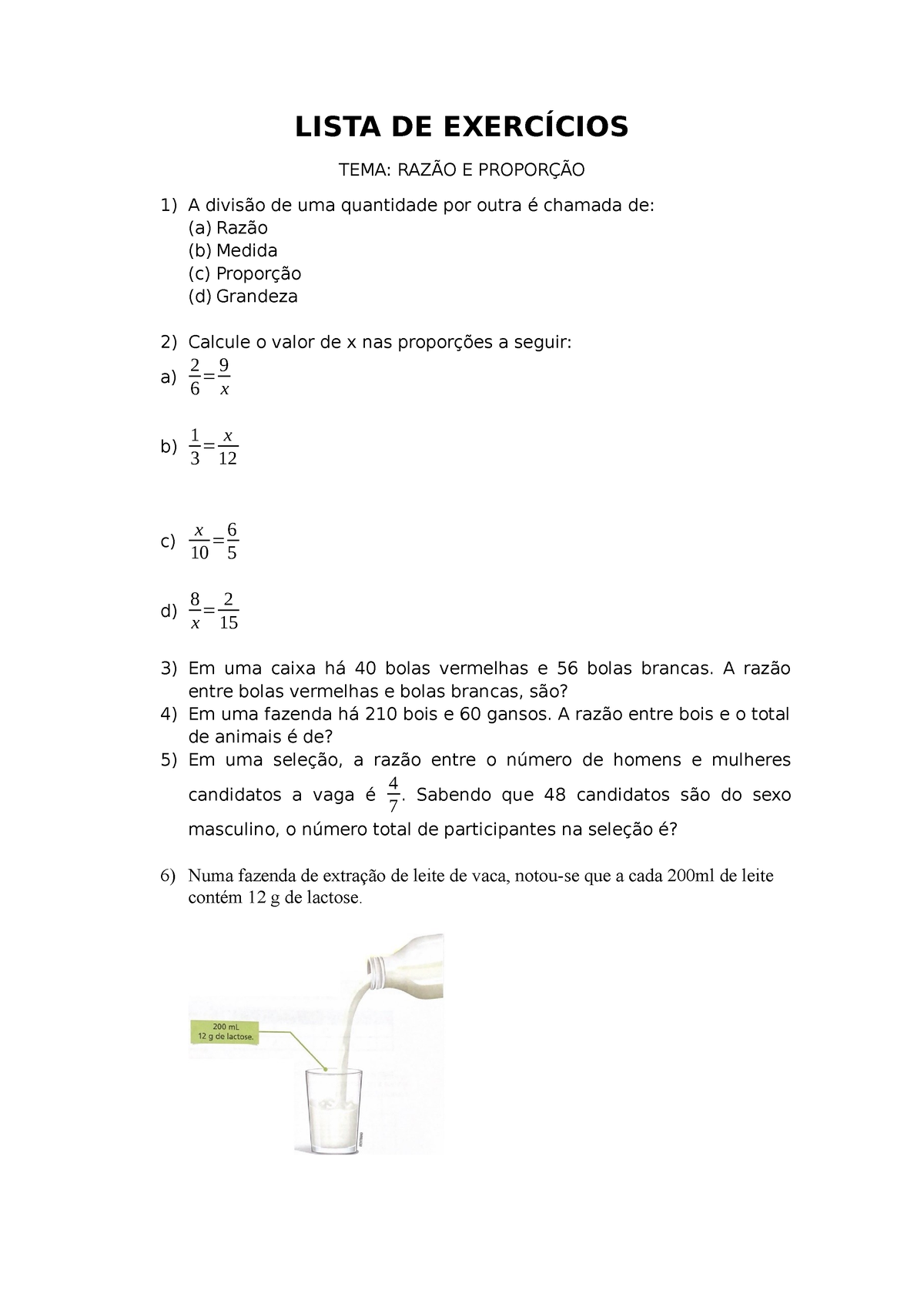 Lista De Exercícios Razão E Proporção Lista De ExercÍcios Tema RazÃo